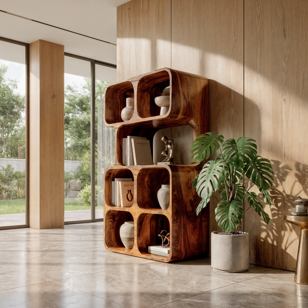 Statement Leaning Bookshelf Handcrafted Organic Wood Design For Modern Home SINLKIBS065
