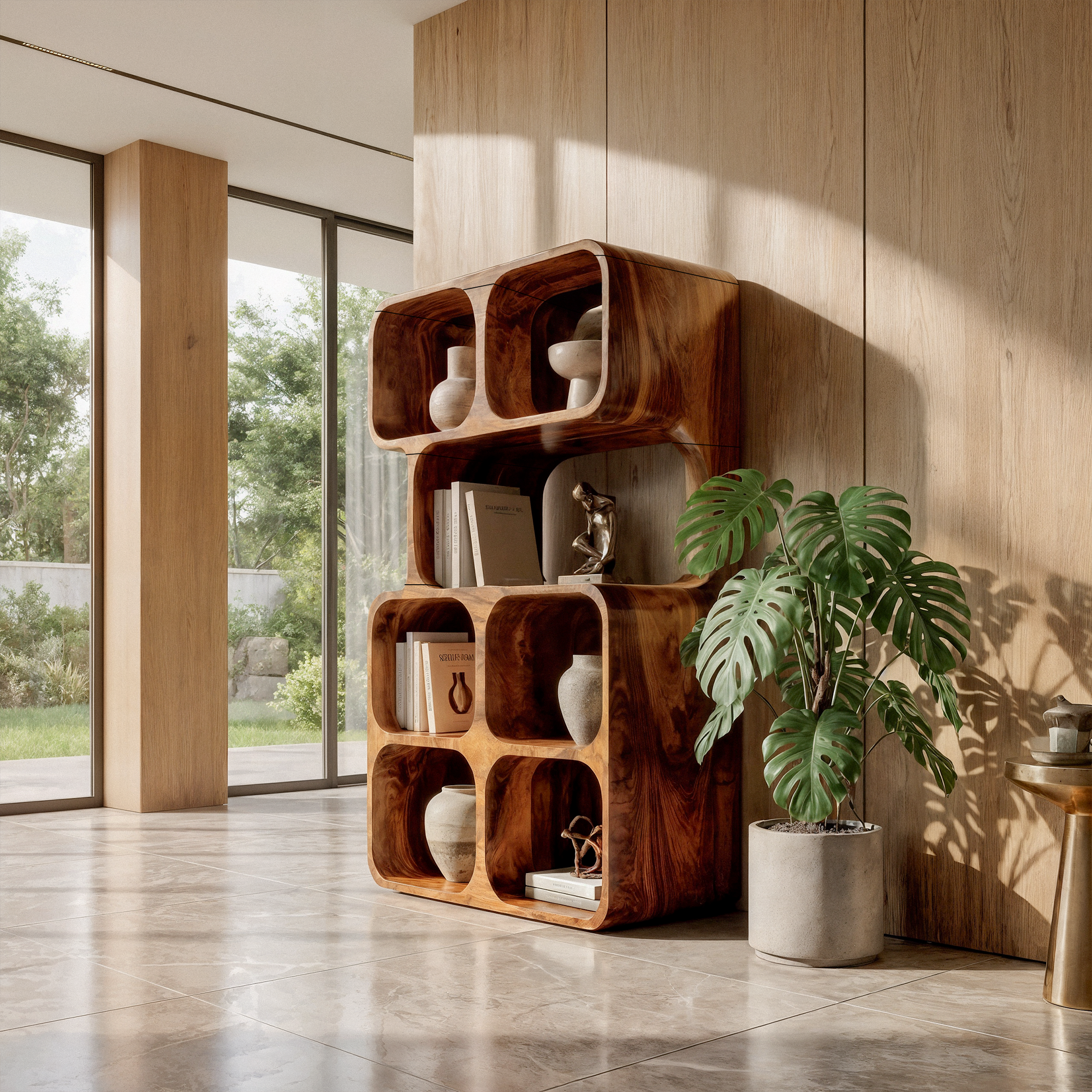 Statement Leaning Bookshelf Handcrafted Organic Wood Design For Modern Home SINLKIBS065