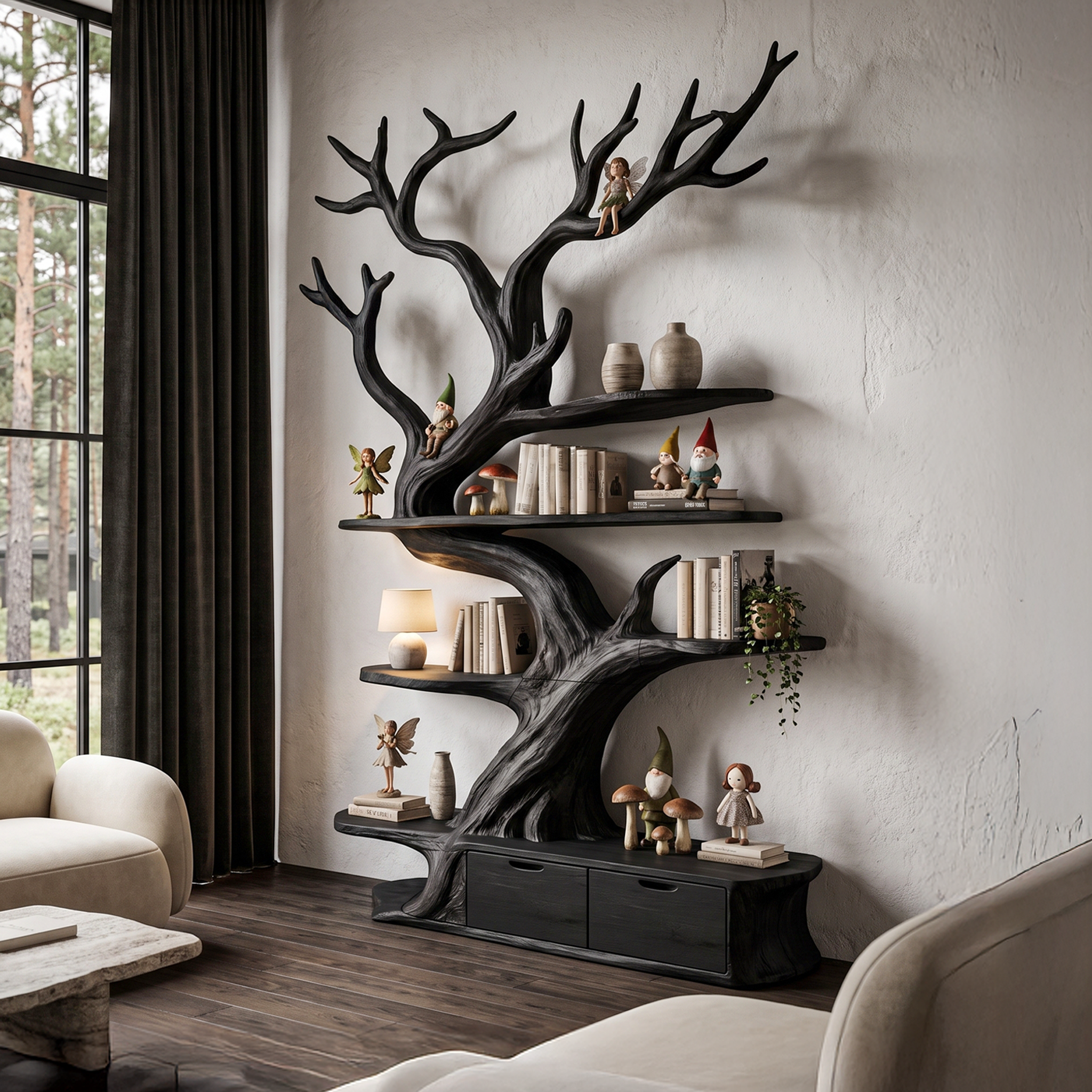 Sculptural Tree Bookshelf Handcrafted Tree Branch Design For Home Office SINLHATB769