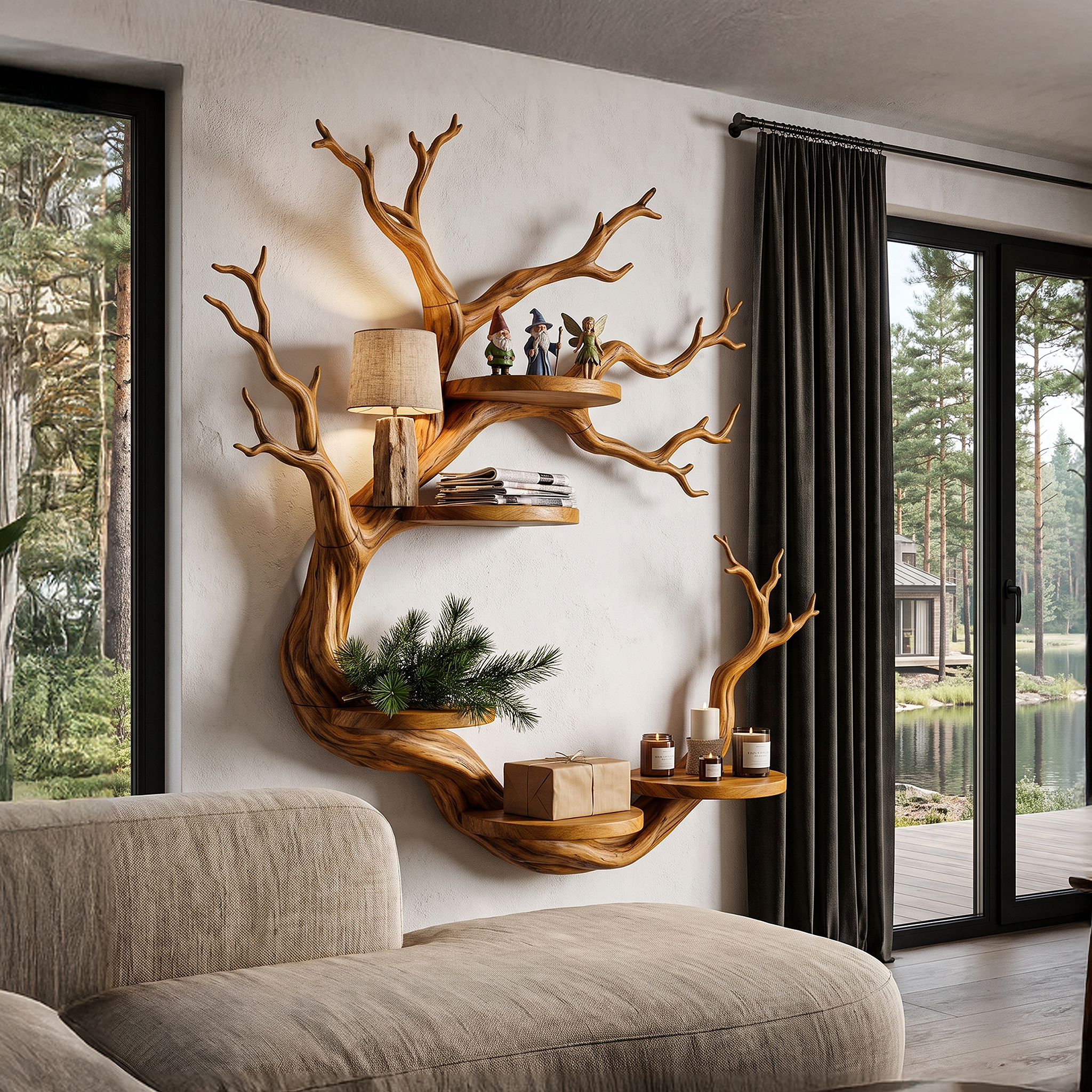 Rustic Tree Bookshelf With Sculptural Circular Branch Design For Living Room SINLHAFL066