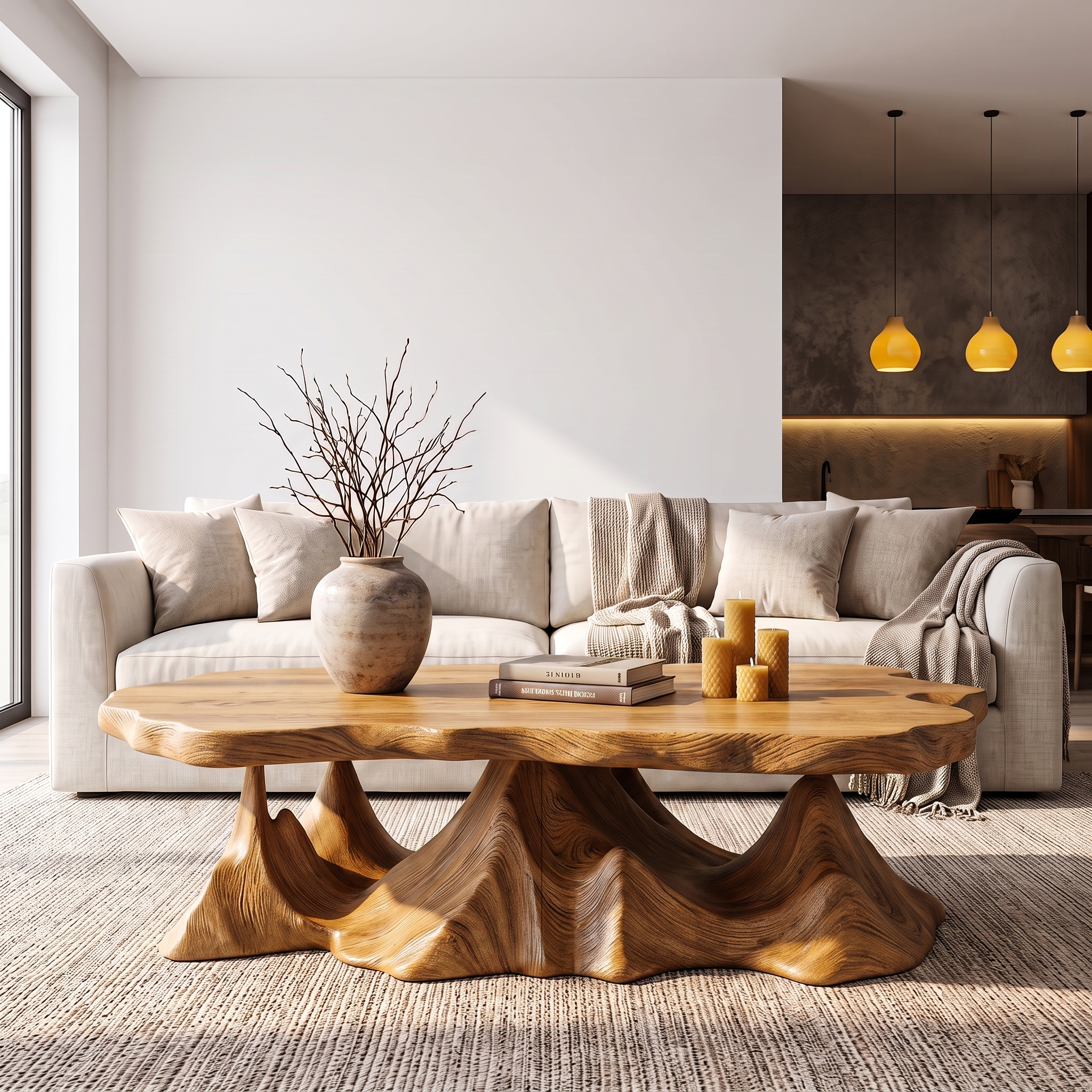 Rustic Coffee Table With Sculptural Wave Base For Living Room SINLHACF413