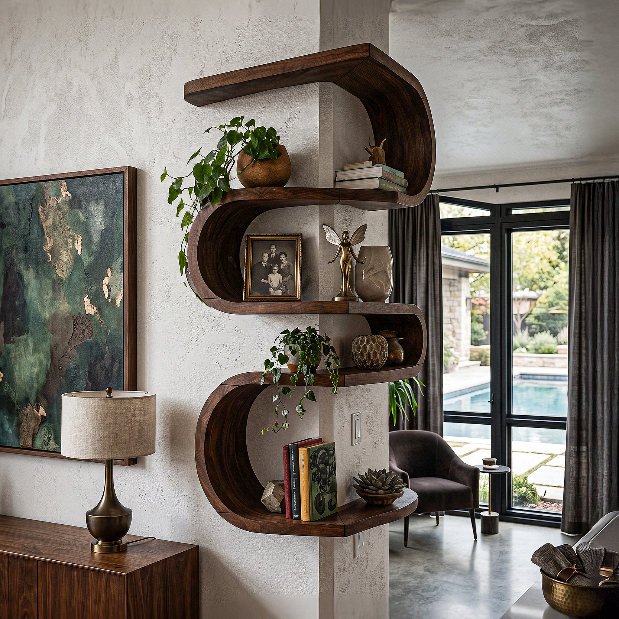 Sculptural Corner Wall Bookshelf Handcrafted Curved Design For Living Room SINLHABS067