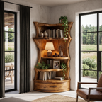 Mid Century Corner Shelf Unit With Curved Storage Base For Living Room SINLHABS072
