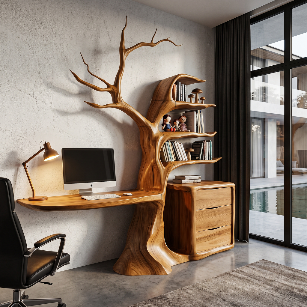 Natural Floating Desk With Sculptural Tree Bookshelf For Home Office SINLHADE172