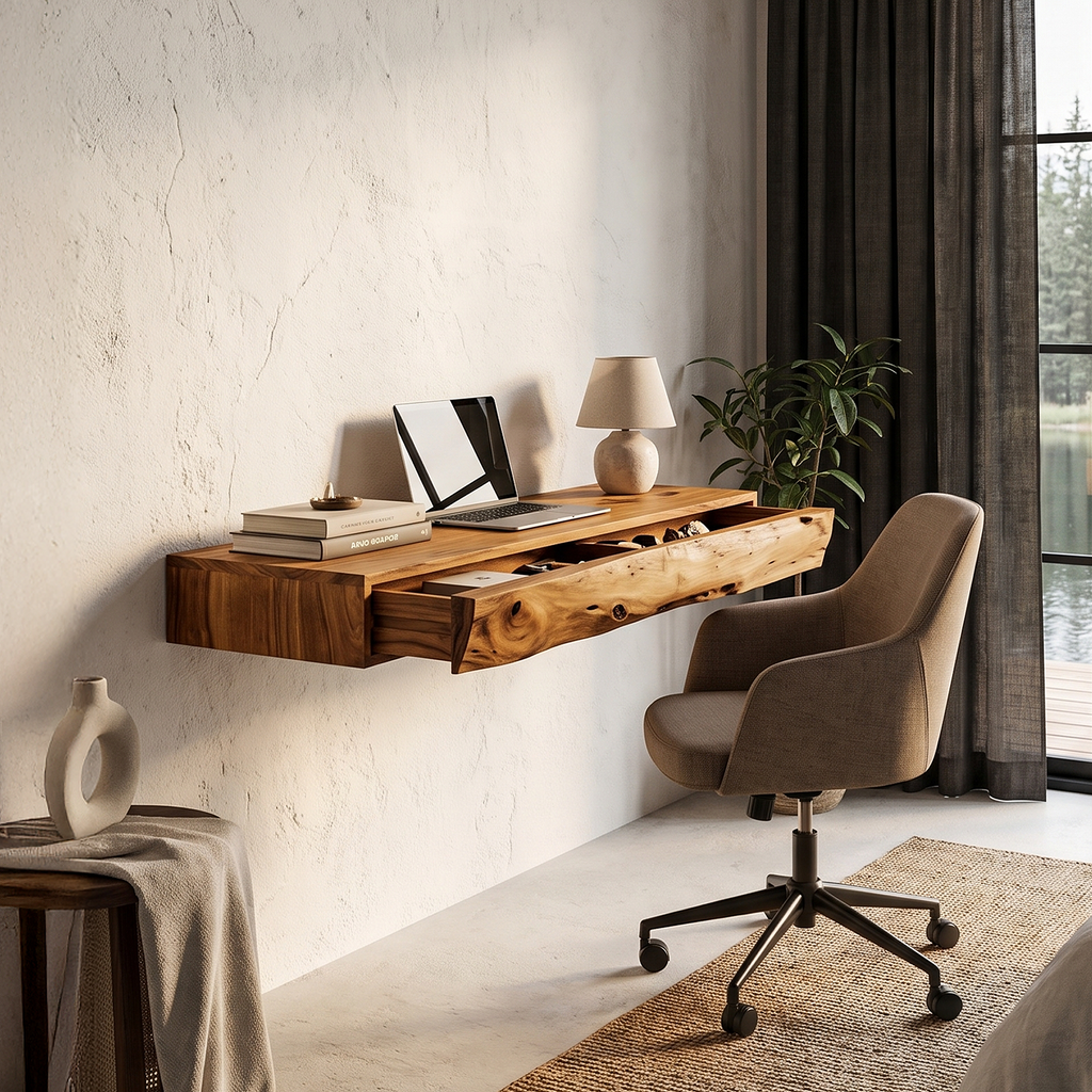 Rustic Floating Desk With Live Edge Design For Home Office And Workspace SINLHADE169