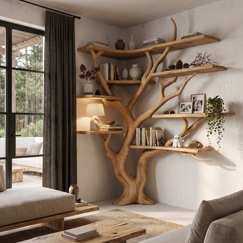 Libreria angolare moderna a forma di albero con ripiani asimmetrici per soggiorno SINLHATB777