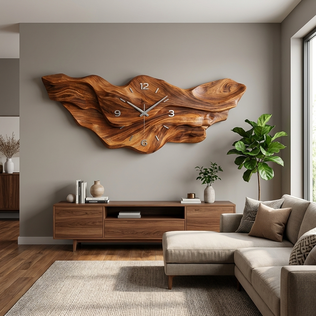 Orologio da parete a onda in legno moderno per l'arredamento del soggiorno RTTHTTWAC028