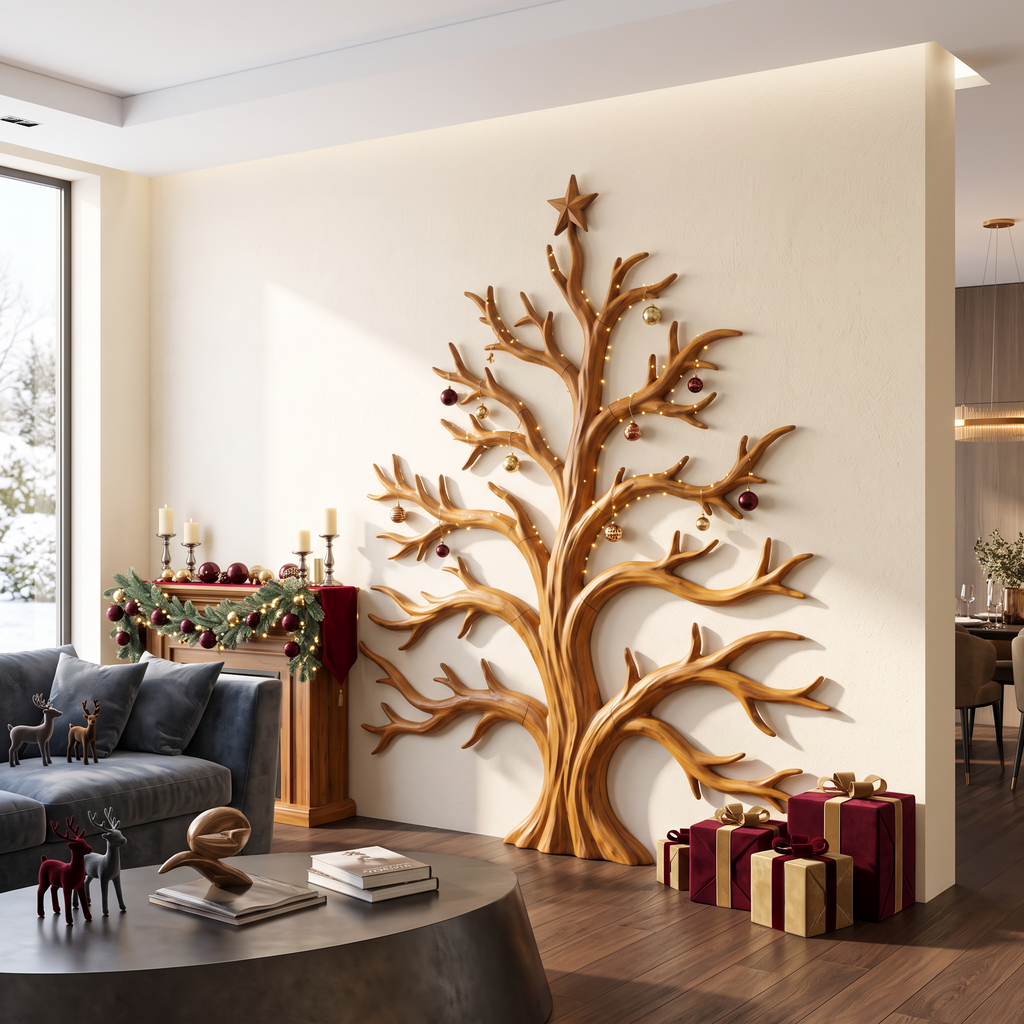 Rustic Christmas Wooden Wall Sculpture With Bare Branch Tree Design For Living Room SINLSAWA139