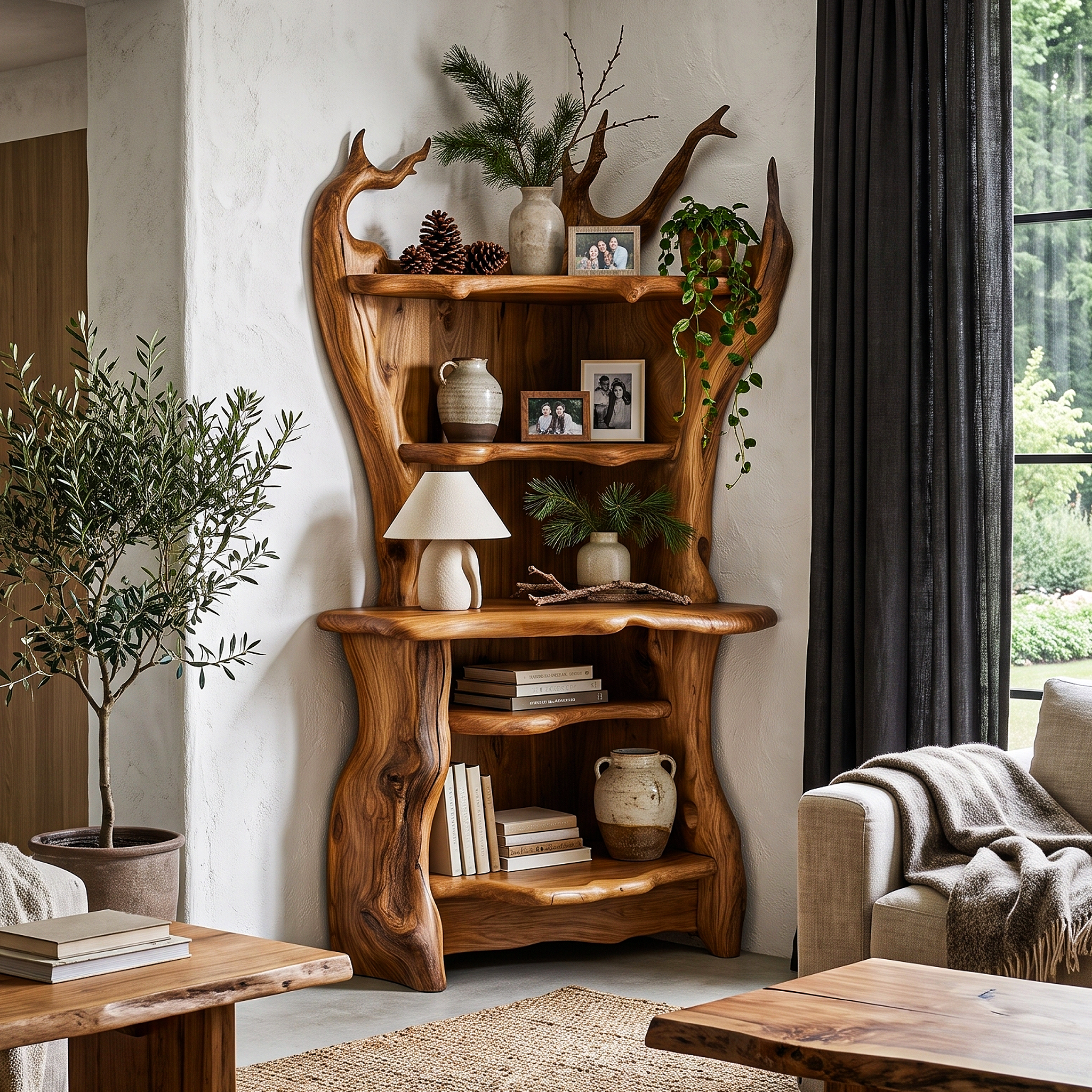 Rustic Corner Bookcase With Live Edge Shelves For Reading Nook SINLHABS073