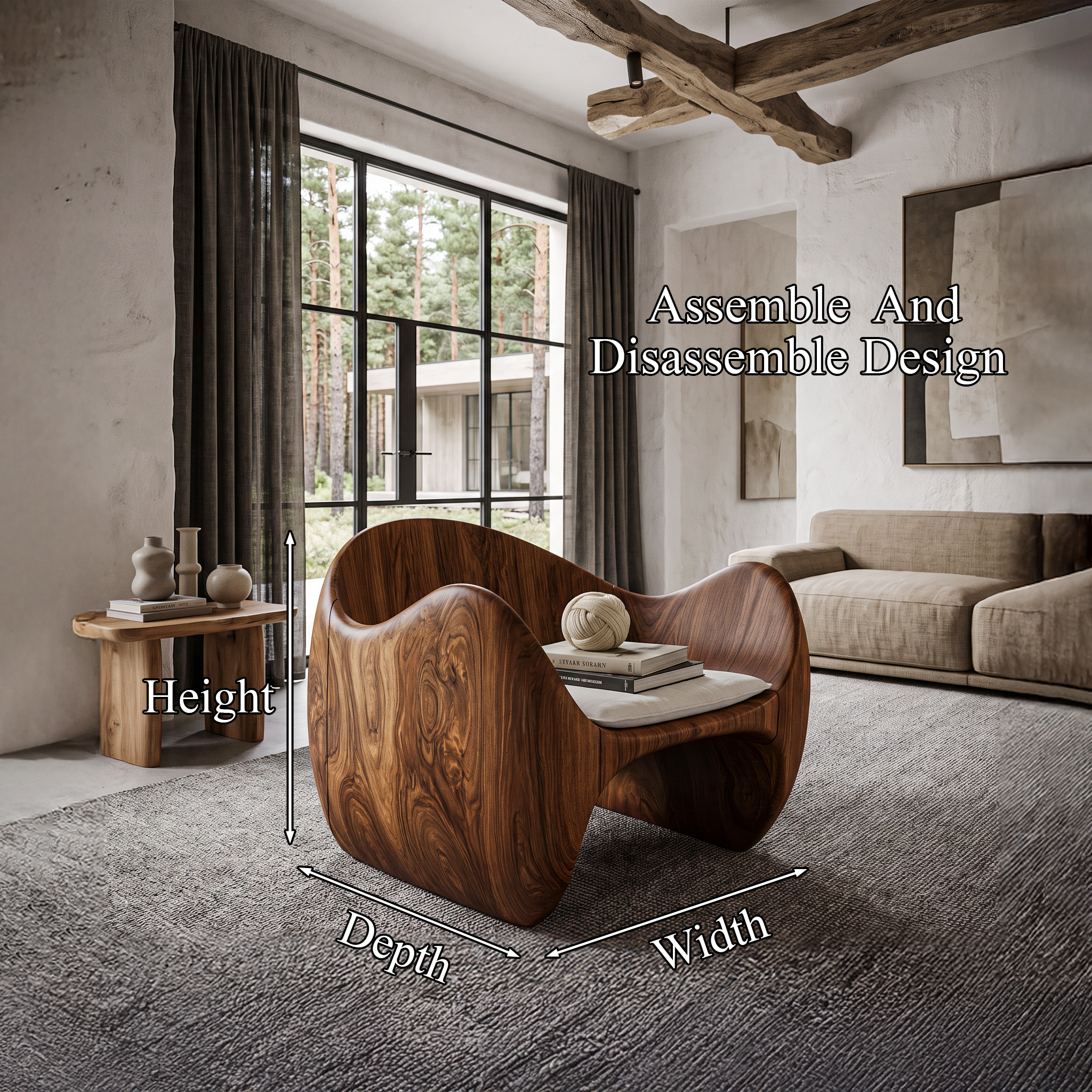 Modern Wooden Accent Chair With Sculptural Curved Frame For Living Room SINLHACHR038