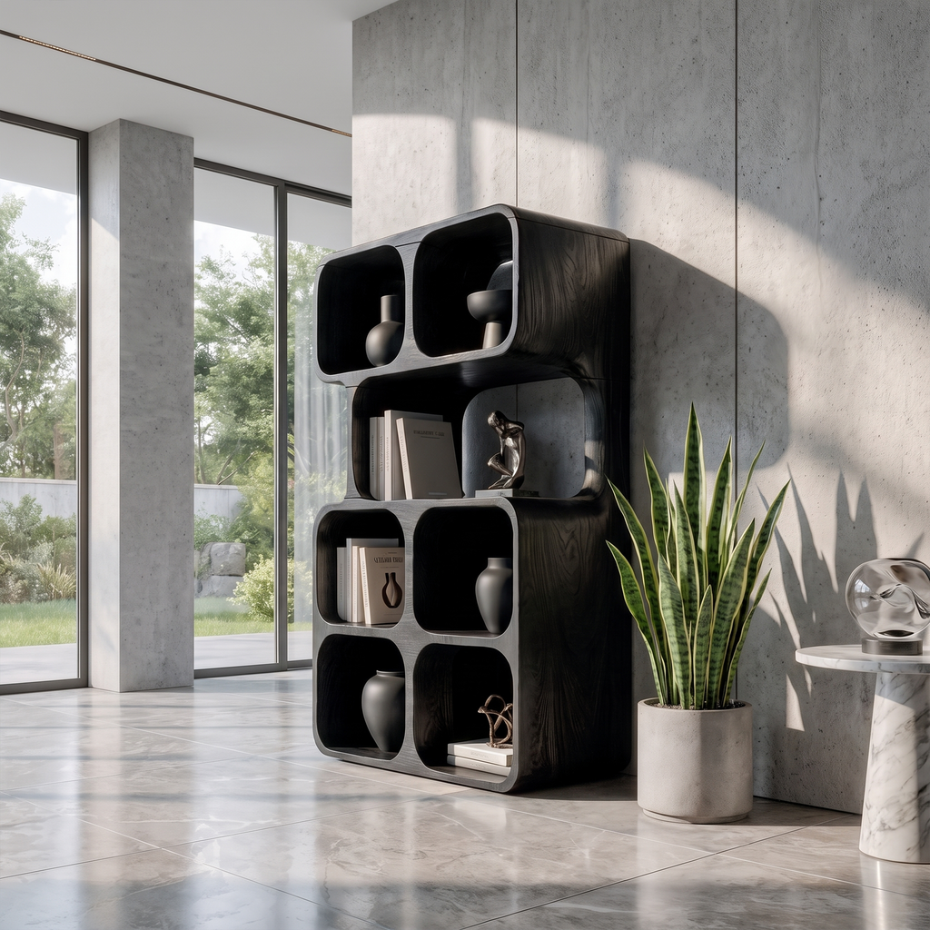 Statement Leaning Bookshelf Handcrafted Organic Wood Design For Modern Home SINLKIBS065