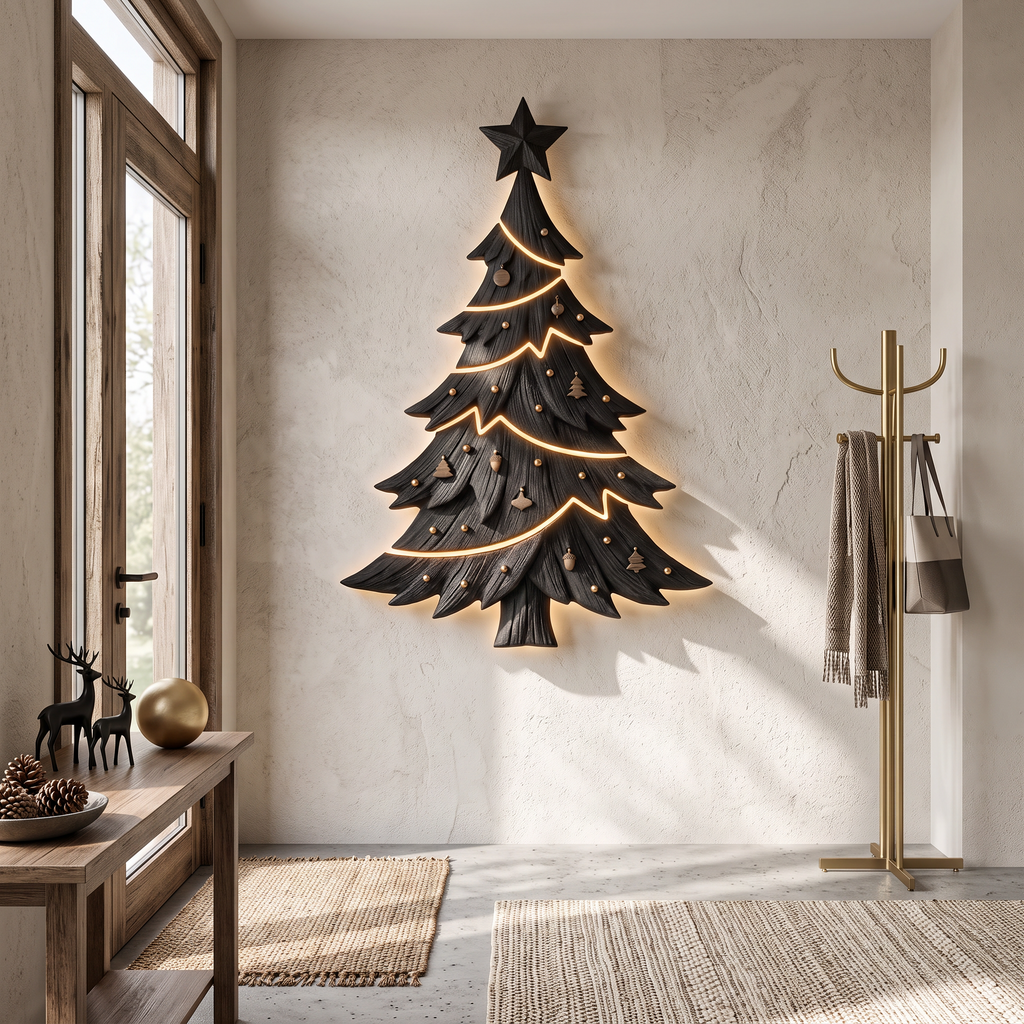 Contemporary Xmas Wall Sculpture With Evergreen Silhouette For Living Room SINLSAWA145