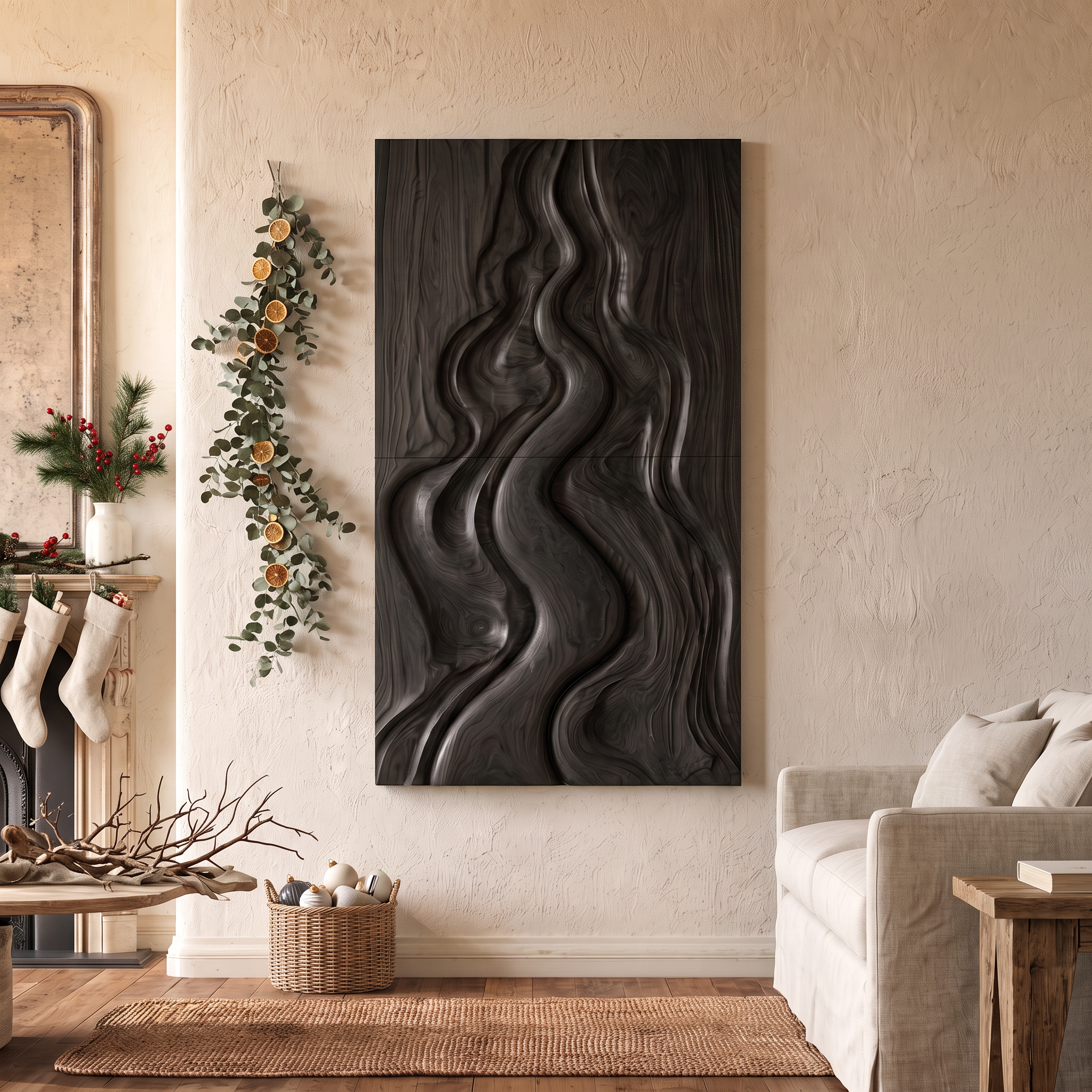 Decorazione murale astratta natalizia naturale con design intagliato fluido per camera da letto SINLSAWA149