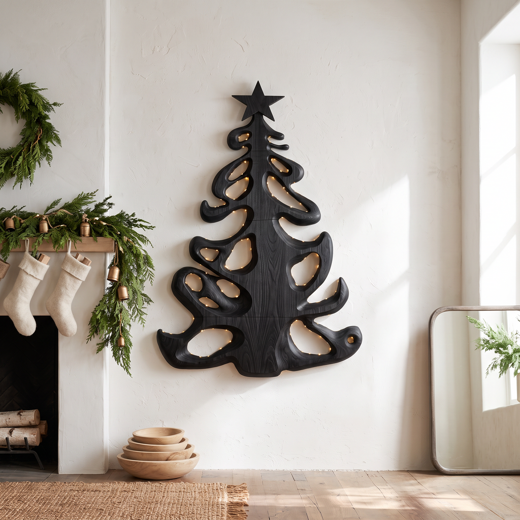Decorazione natalizia in legno biologico con sagoma ad albero fluida per l'ingresso SINLSAWA152