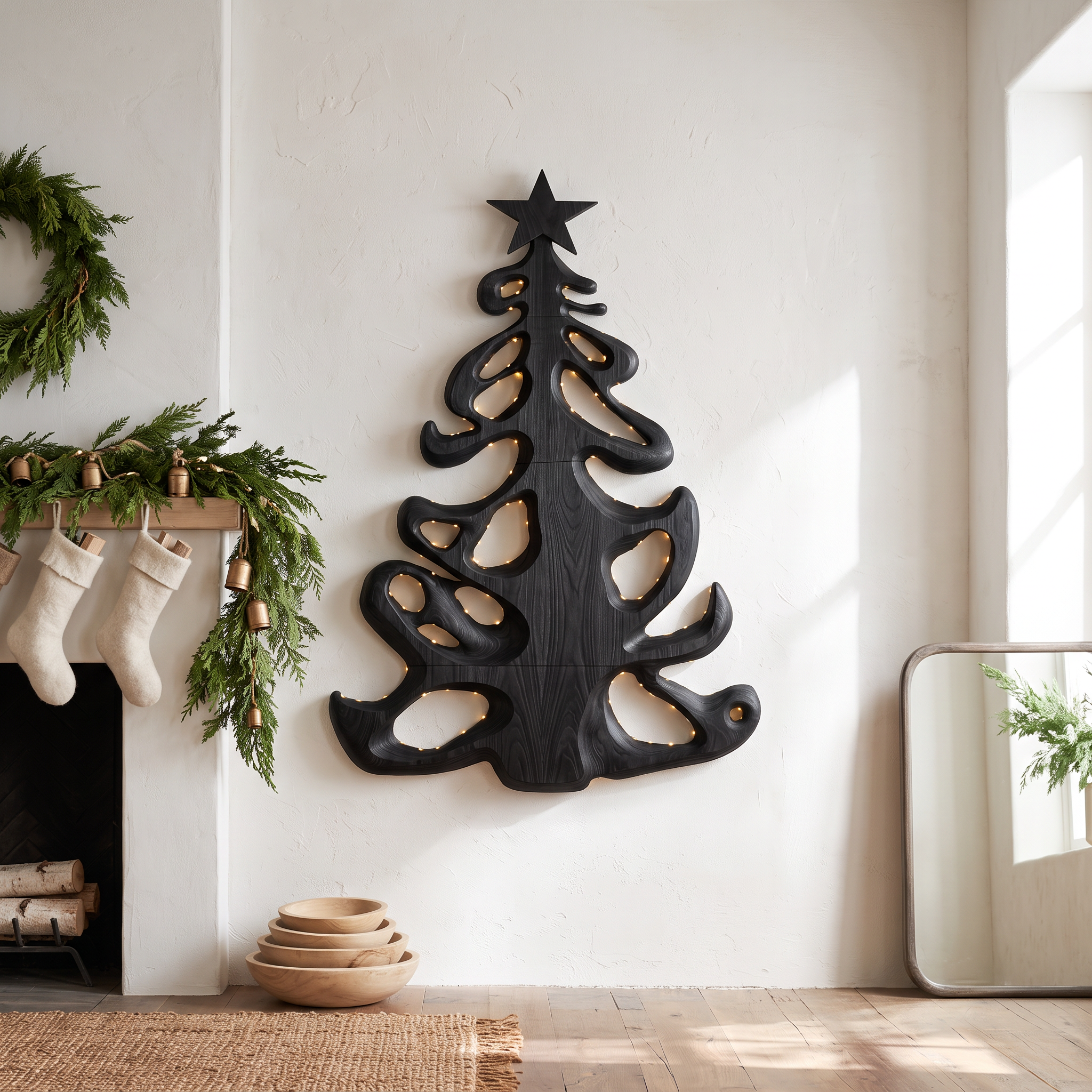 Decorazione natalizia in legno biologico con sagoma ad albero fluida per l'ingresso SINLSAWA152