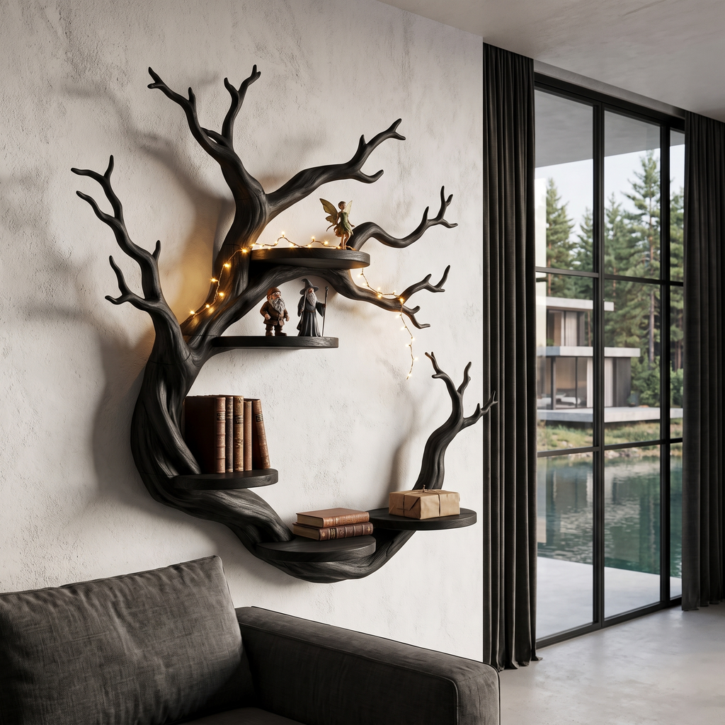 Rustic Tree Bookshelf With Sculptural Circular Branch Design For Living Room SINLHAFL066