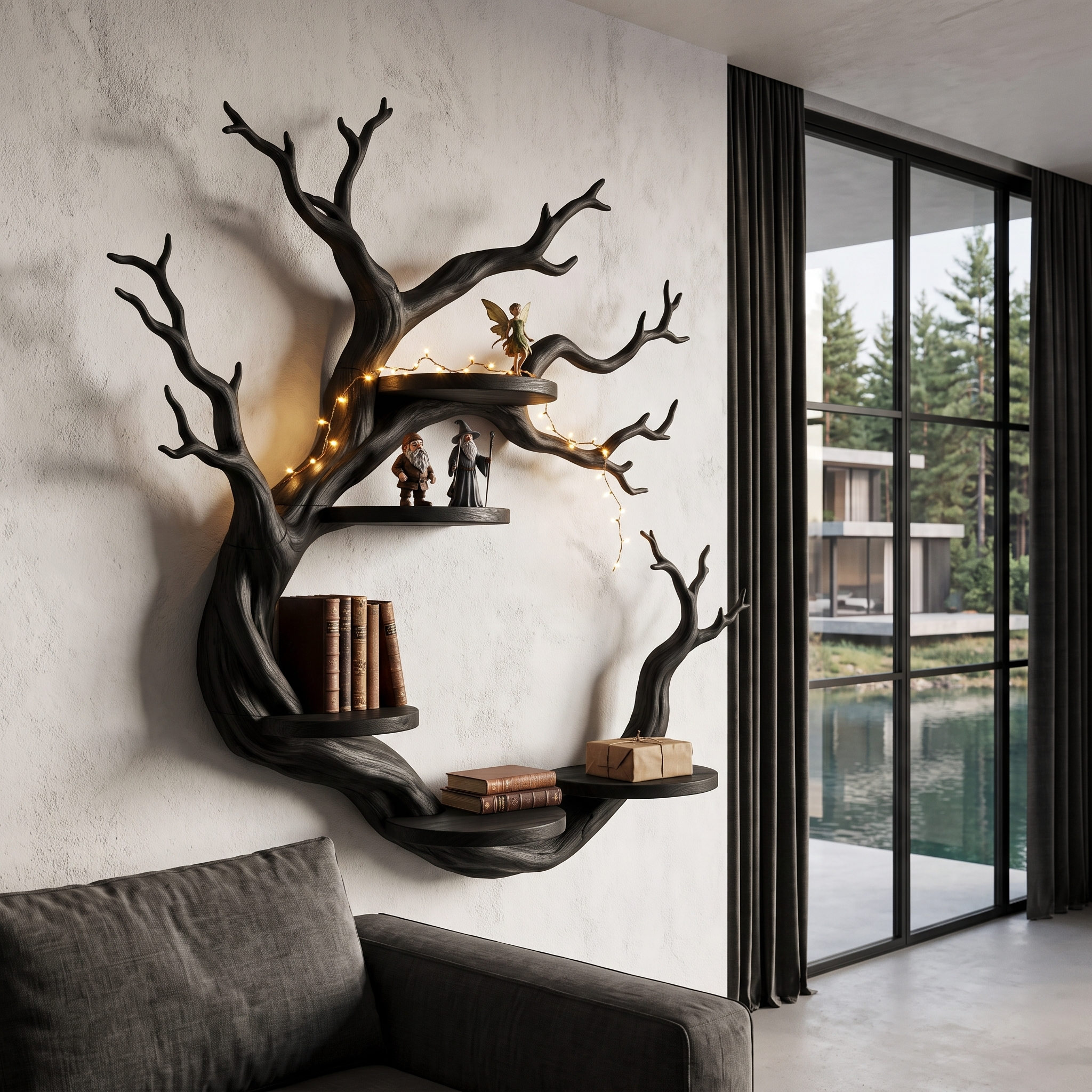 Rustic Tree Bookshelf With Sculptural Circular Branch Design For Living Room SINLHAFL066
