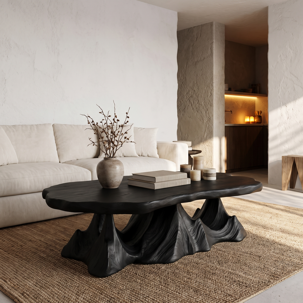 Rustic Coffee Table With Sculptural Wave Base For Living Room SINLHACF413