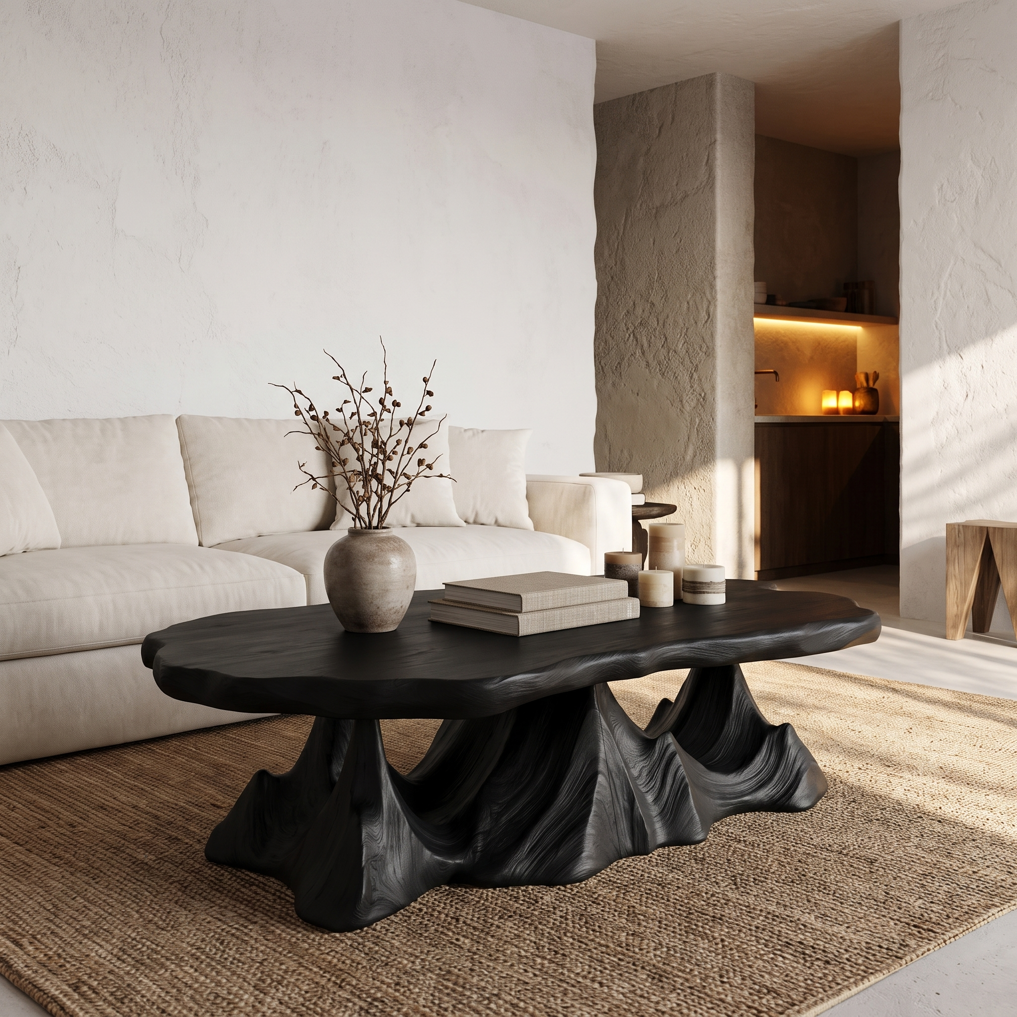 Rustic Coffee Table With Sculptural Wave Base For Living Room SINLHACF413