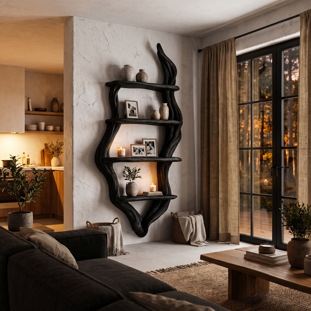 Rustic Wall Bookshelf Handcrafted Tree Branch Design For Living Room SINLHABS066