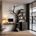 Natural Floating Desk With Sculptural Tree Bookshelf For Home Office SINLHADE172