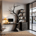Natural Floating Desk With Sculptural Tree Bookshelf For Home Office SINLHADE172