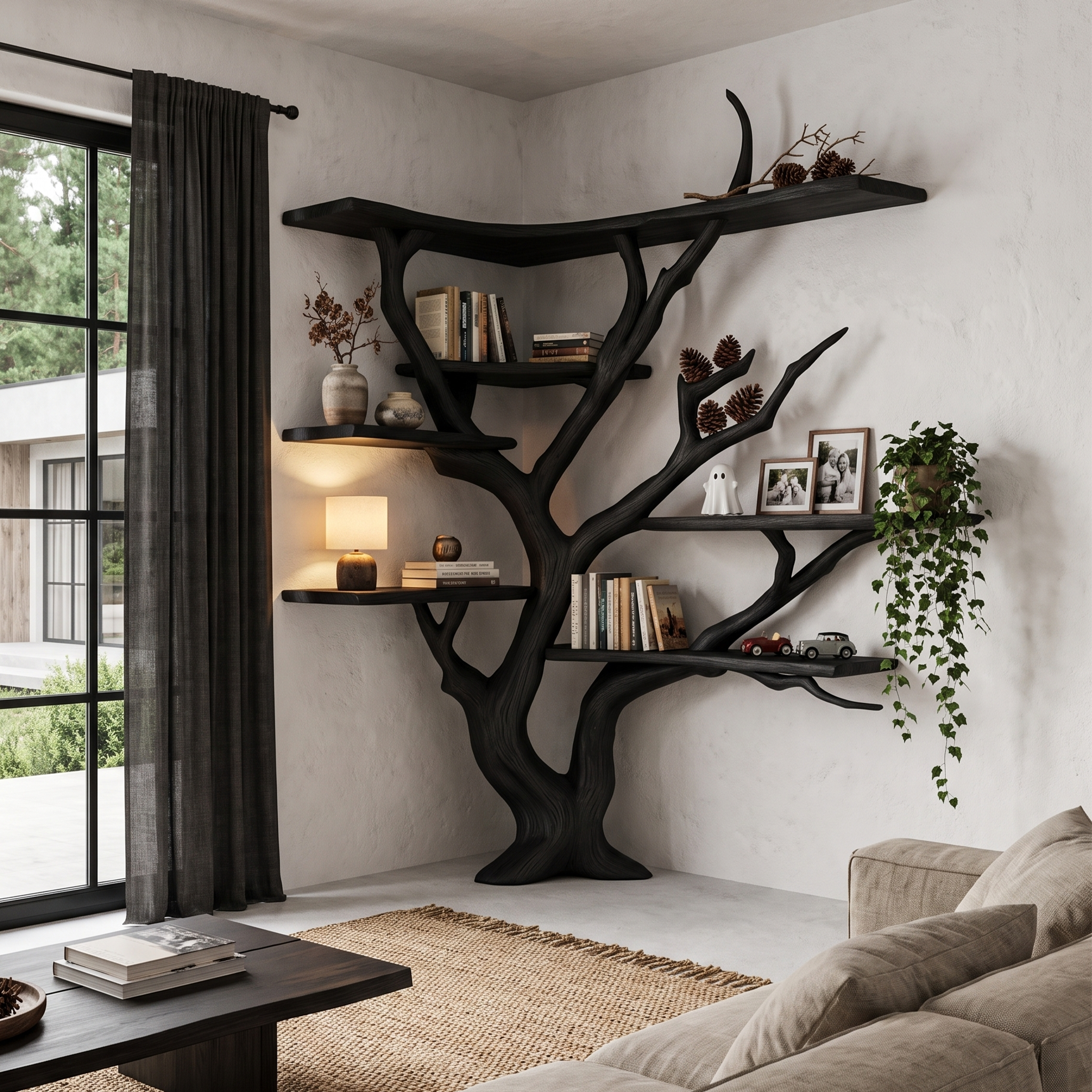 Libreria angolare moderna a forma di albero con ripiani asimmetrici per soggiorno SINLHATB777