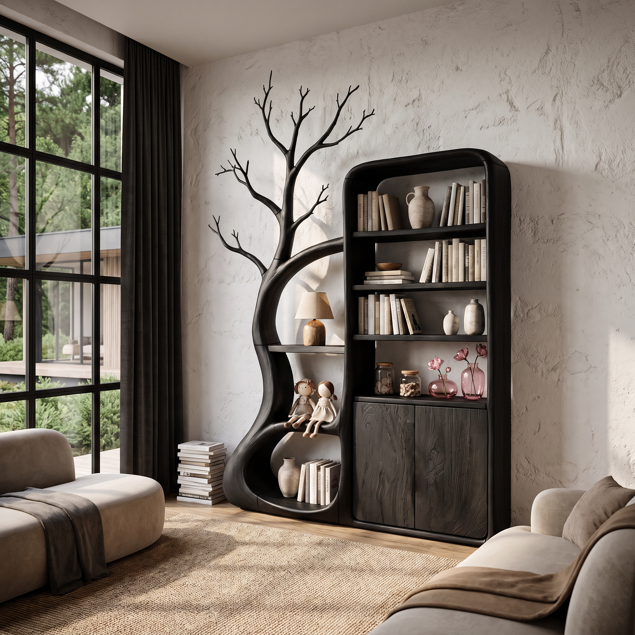 Armadietto Rustico ad Albero con Ripiani Ispirati ai Rami per Sala Lettura SINLHASD541