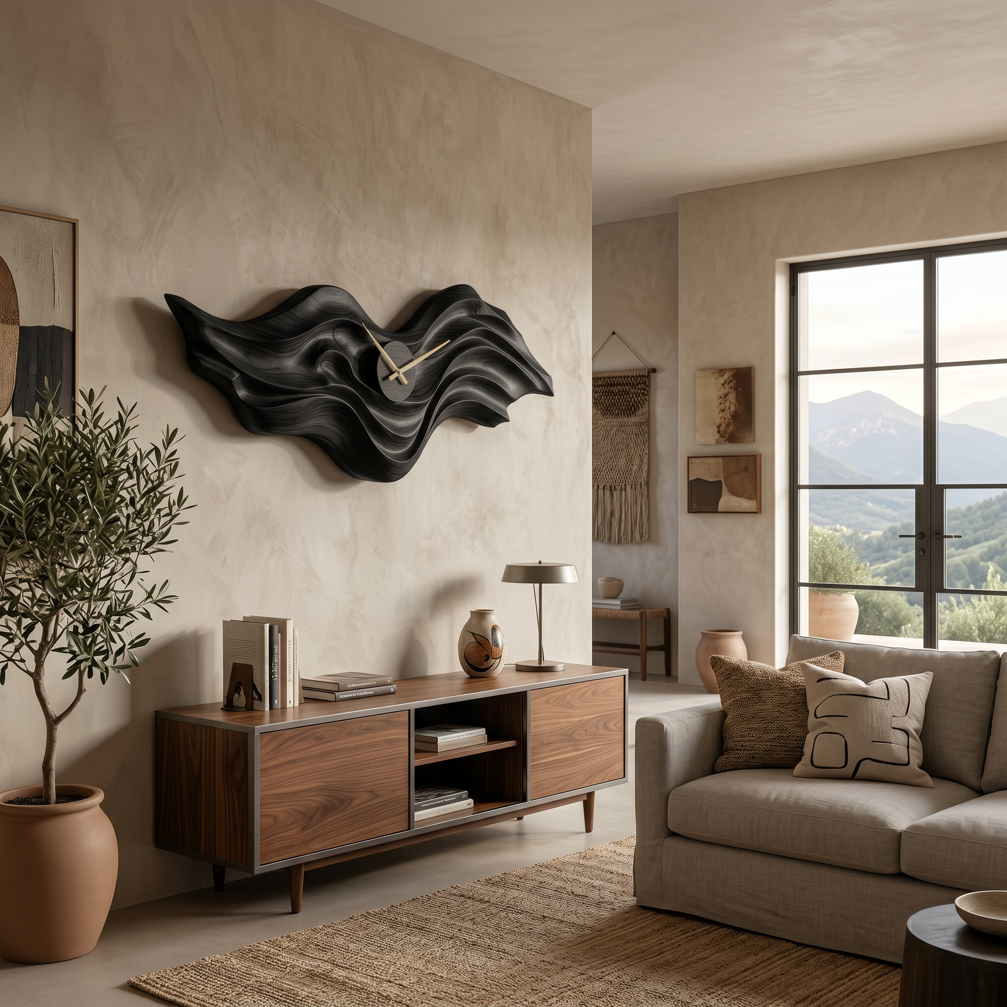 Orologio da Parete in Legno Organico con Scultura ad Onda per Interni Living RTTHTTWAC018