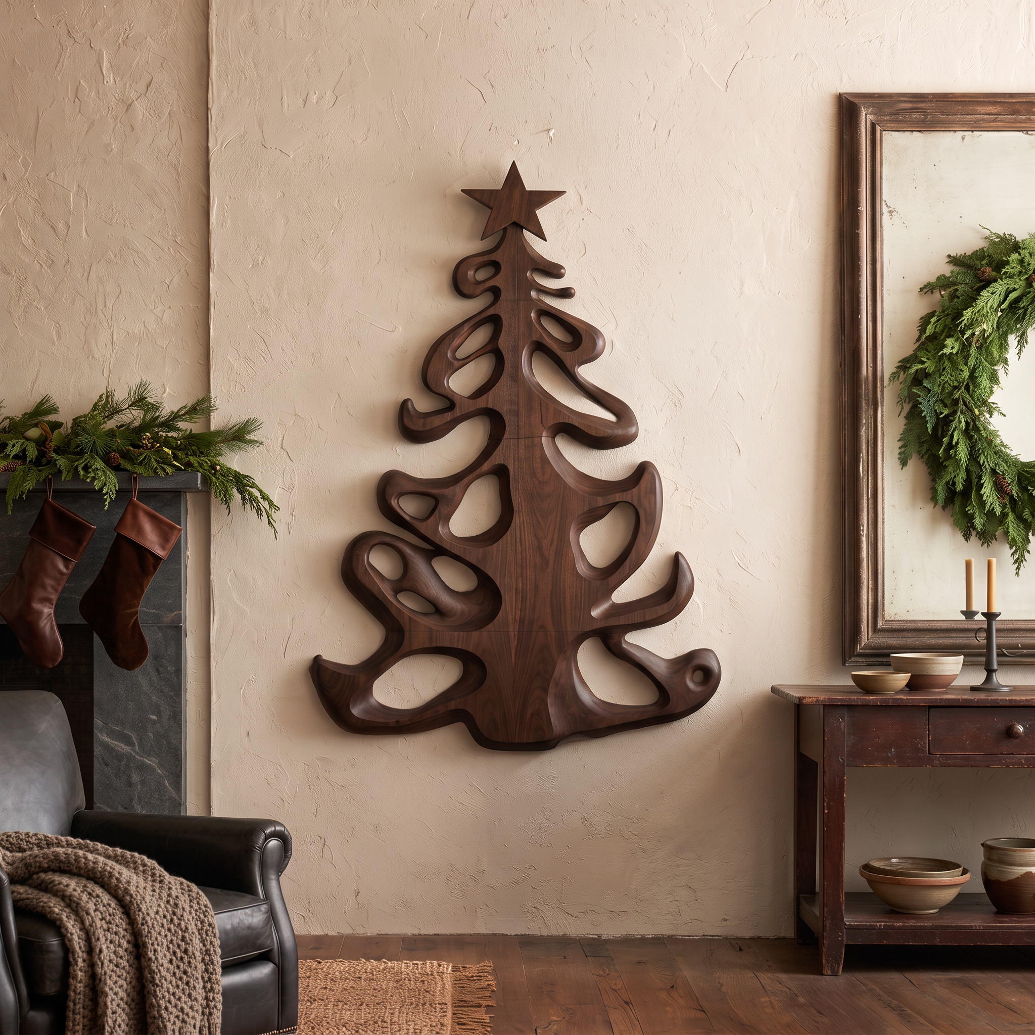 Decorazione natalizia in legno biologico con sagoma ad albero fluida per l'ingresso SINLSAWA152