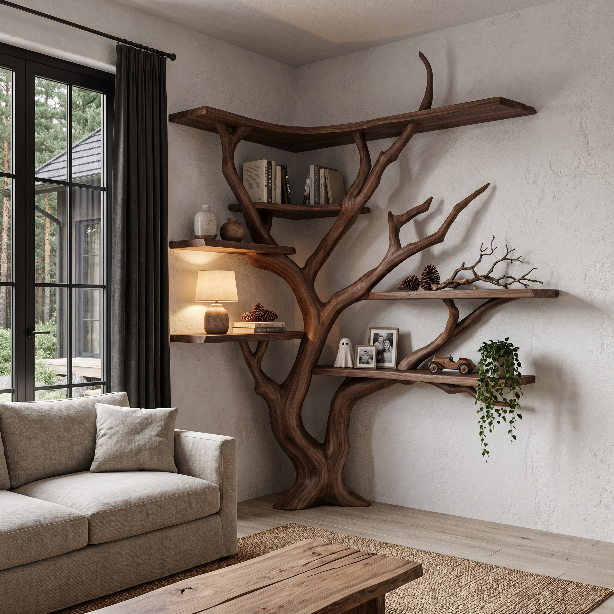 Libreria angolare moderna a forma di albero con ripiani asimmetrici per soggiorno SINLHATB777