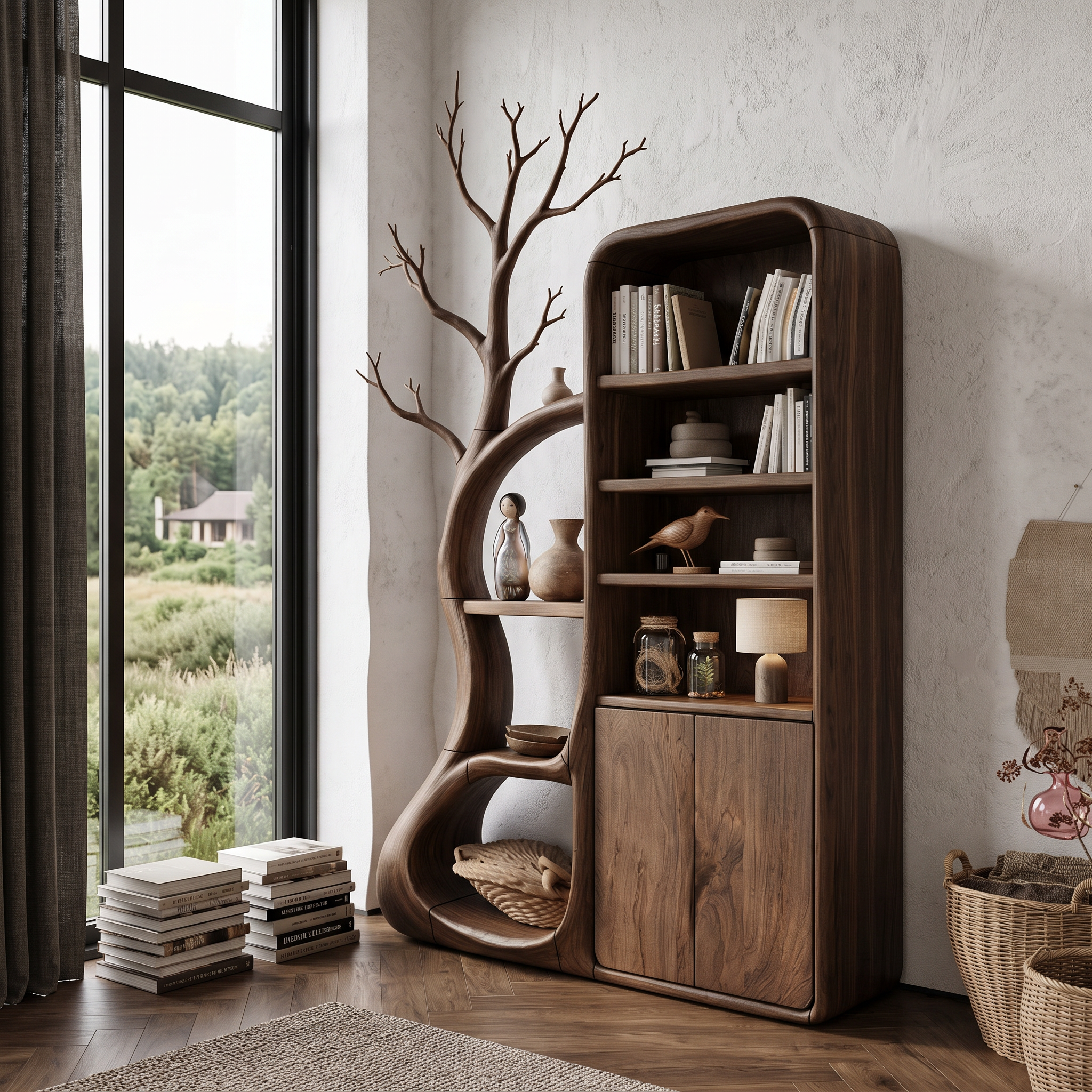 Armadietto Rustico ad Albero con Ripiani Ispirati ai Rami per Sala Lettura SINLHASD541