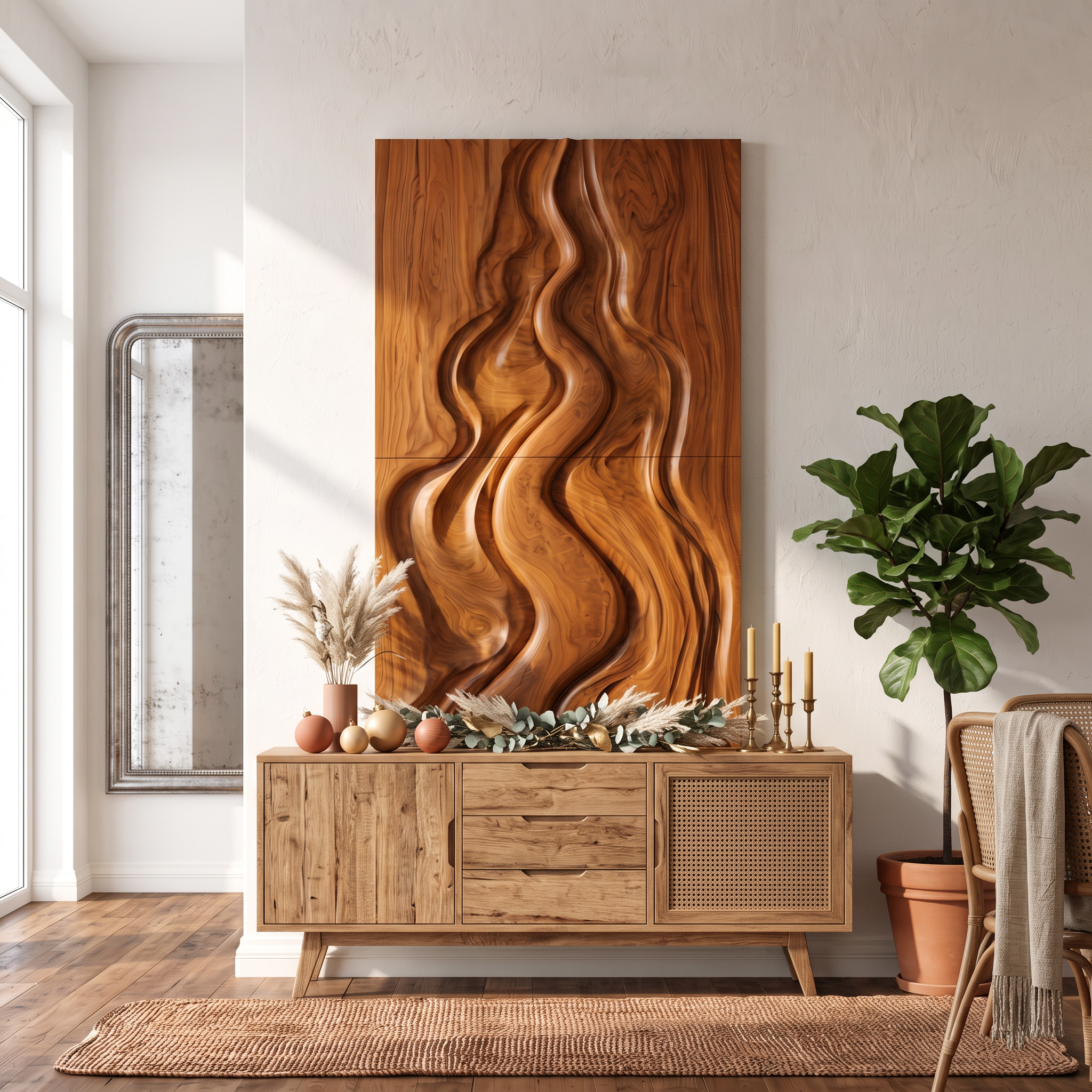 Decorazione murale astratta natalizia naturale con design intagliato fluido per camera da letto SINLSAWA149