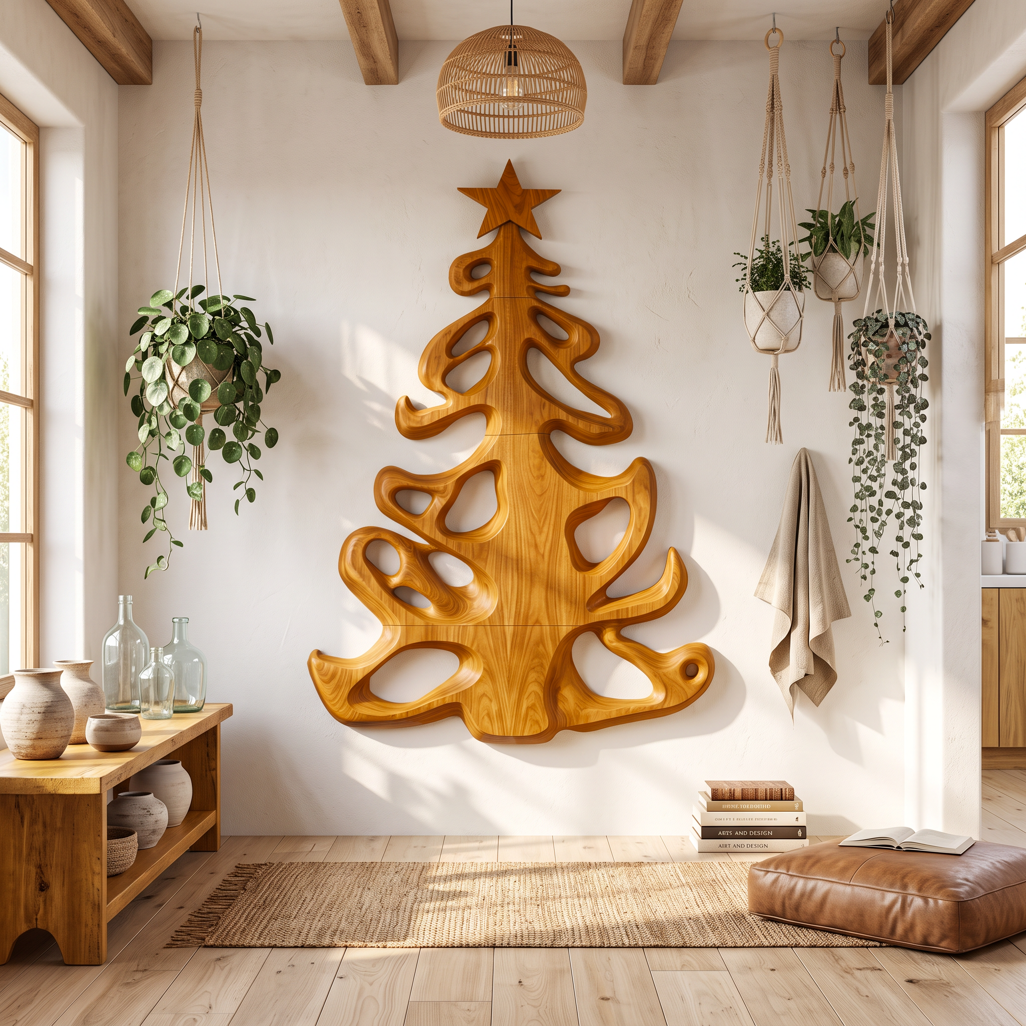 Decorazione natalizia in legno biologico con sagoma ad albero fluida per l'ingresso SINLSAWA152