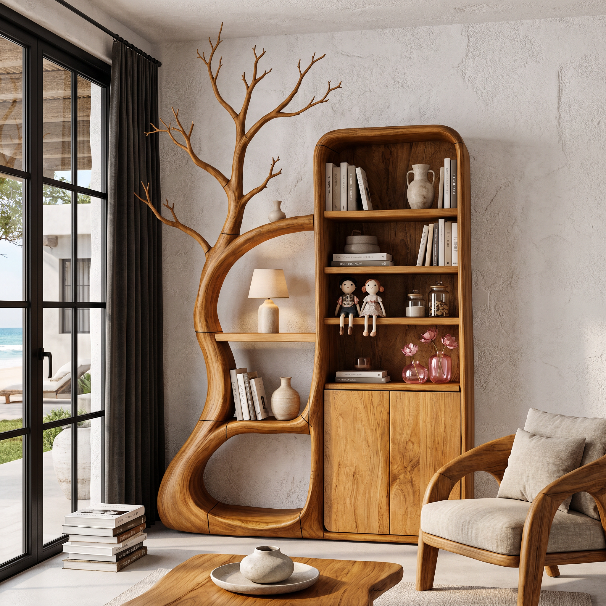 Armadietto Rustico ad Albero con Ripiani Ispirati ai Rami per Sala Lettura SINLHASD541