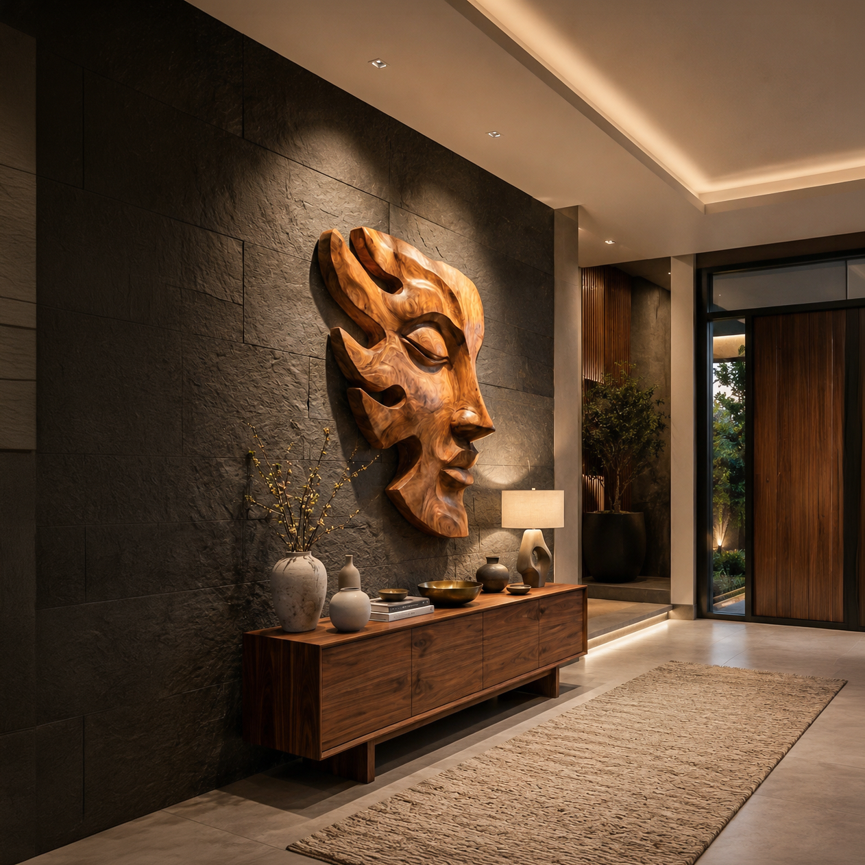 Arte da Parete in Legno Intagliato a Mano a Forma di Volto con Forme Scultoree per Interni RTTHTTWA150