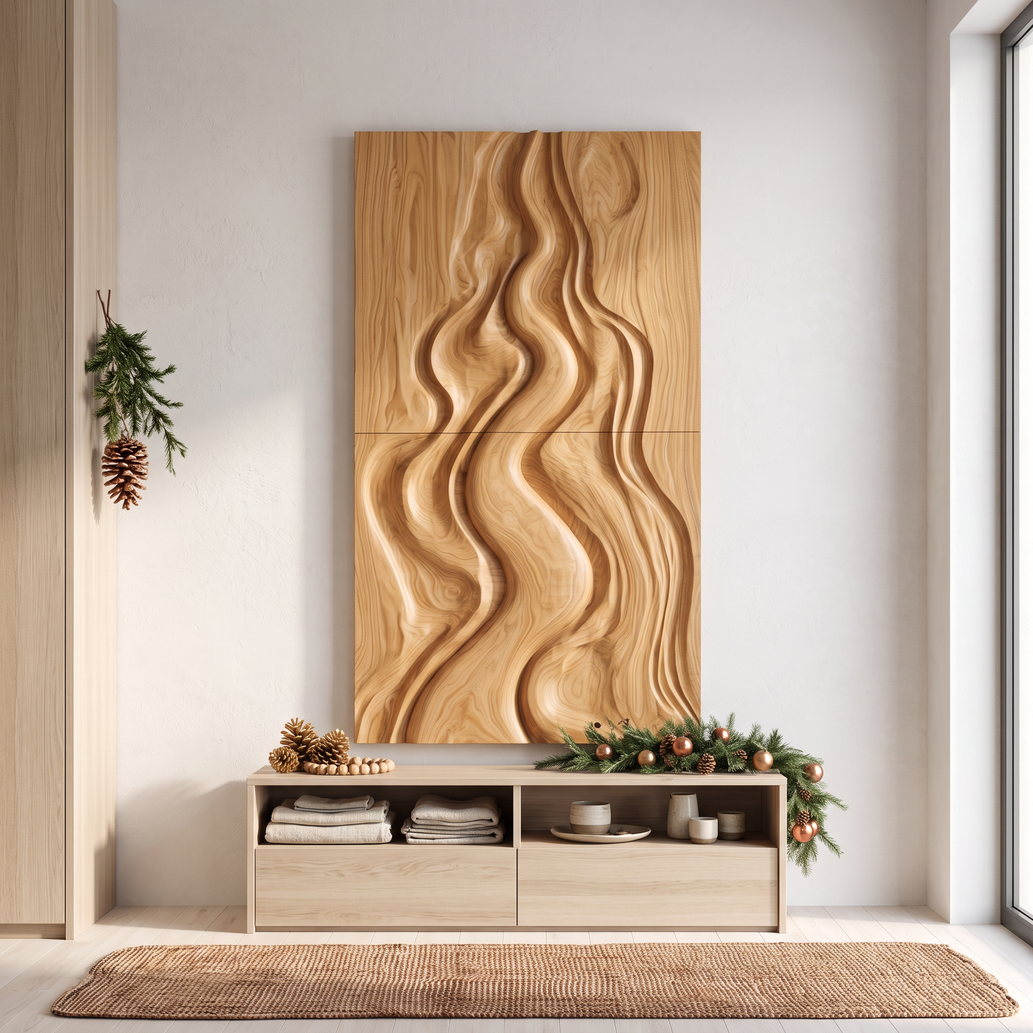 Decorazione murale astratta natalizia naturale con design intagliato fluido per camera da letto SINLSAWA149