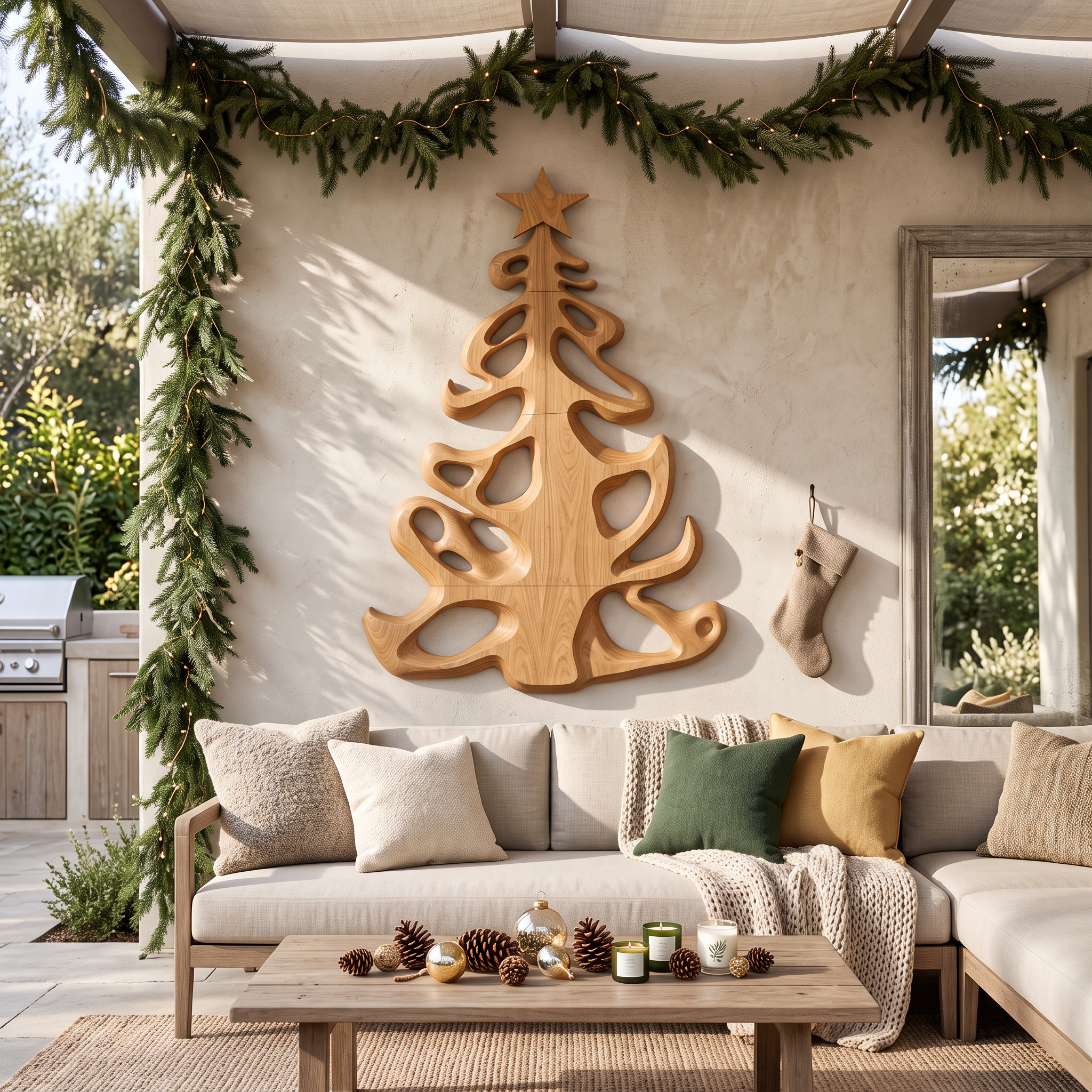 Decorazione natalizia in legno biologico con sagoma ad albero fluida per l'ingresso SINLSAWA152
