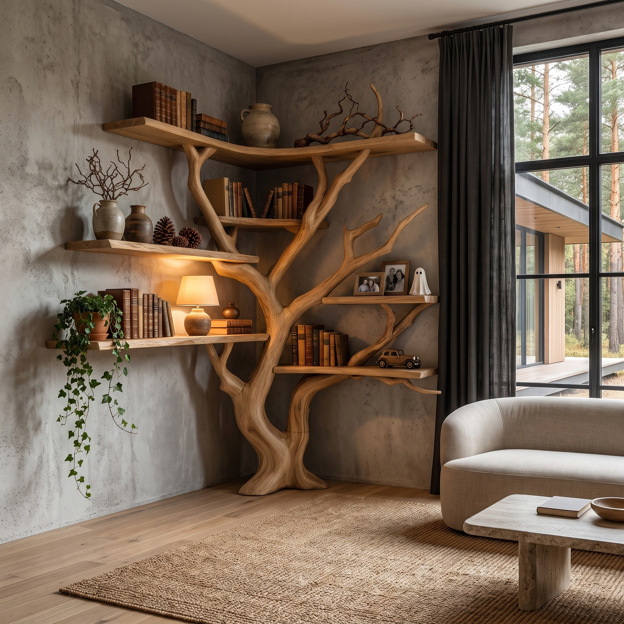 Libreria angolare moderna a forma di albero con ripiani asimmetrici per soggiorno SINLHATB777