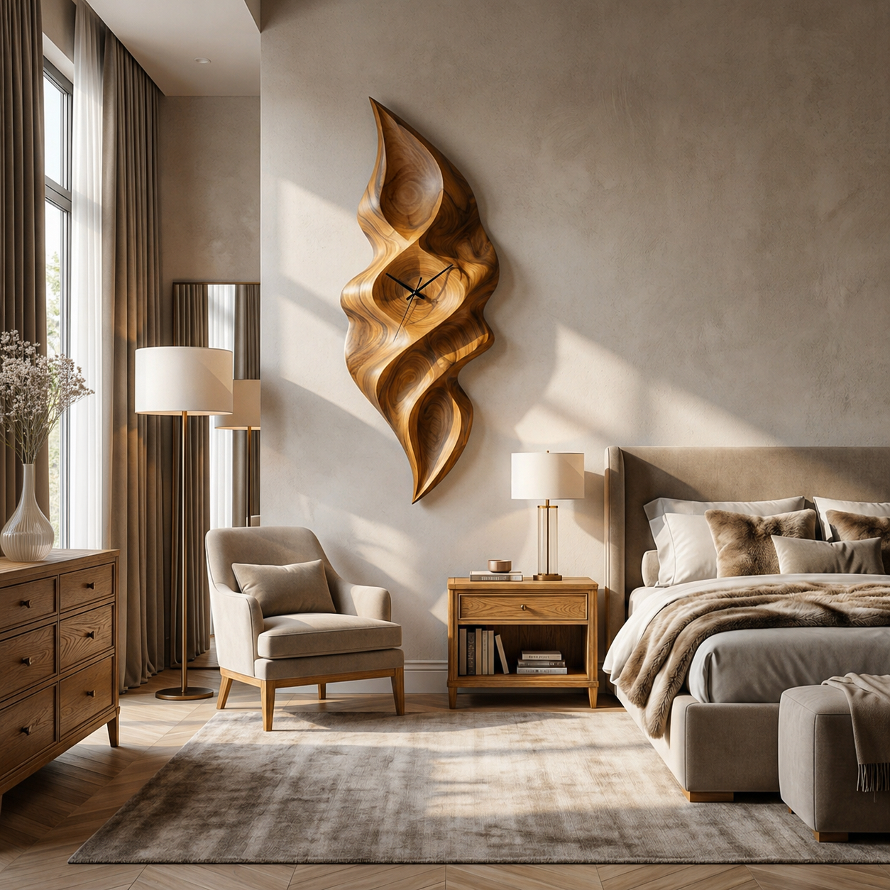 Orologio da parete contemporaneo in legno con scultura a onda per camera da letto minimalista RTTHTTWAC013