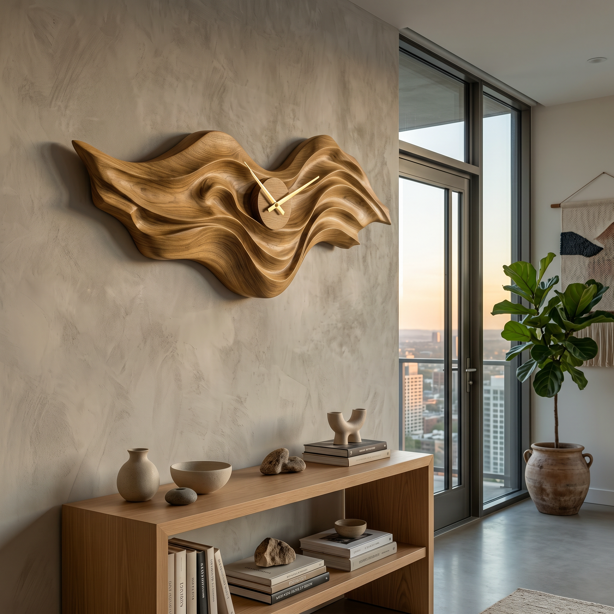 Orologio da Parete in Legno Organico con Scultura ad Onda per Interni Living RTTHTTWAC018