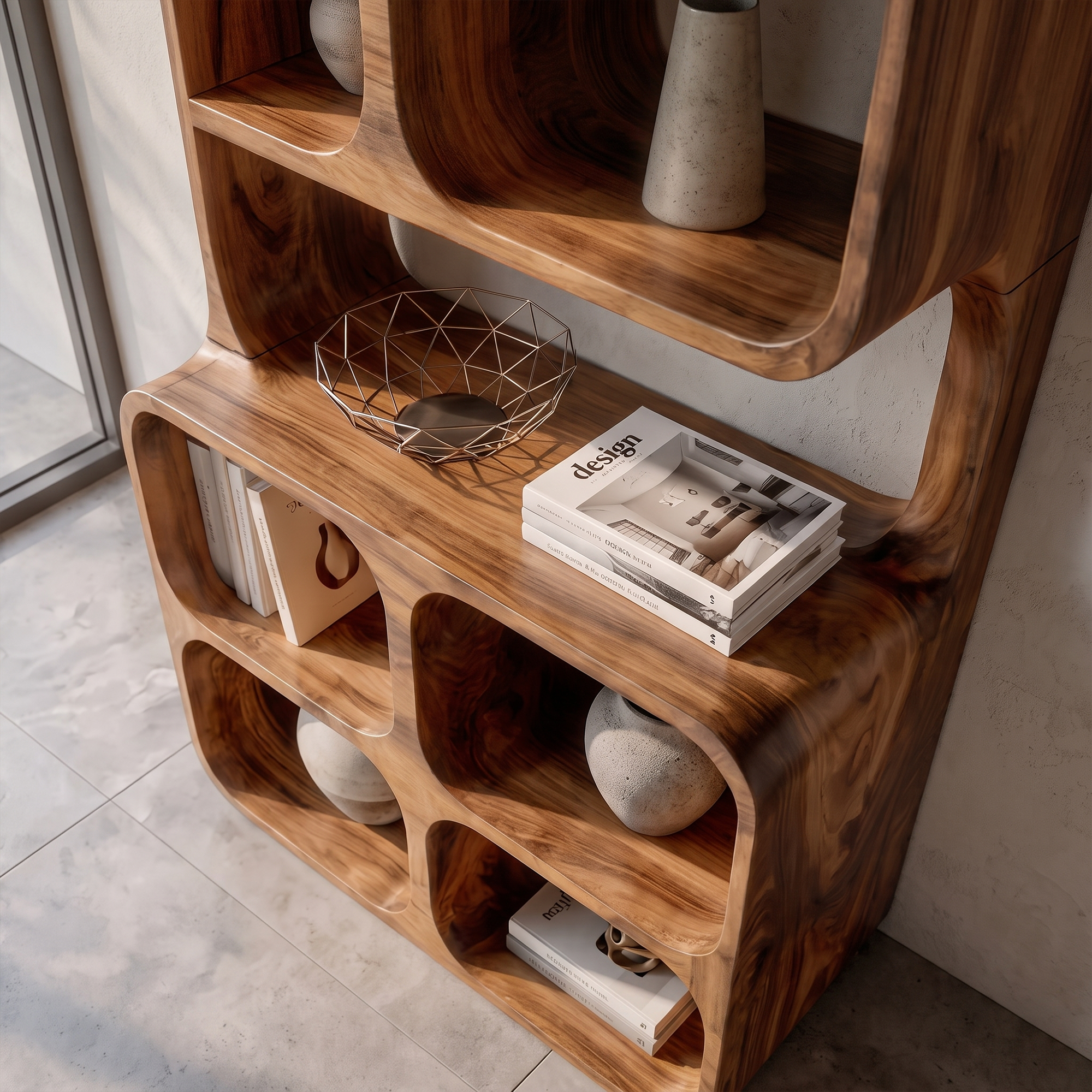Statement Leaning Bookshelf Handcrafted Organic Wood Design For Modern Home SINLKIBS065