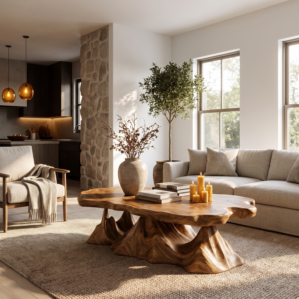 Rustic Coffee Table With Sculptural Wave Base For Living Room SINLHACF413