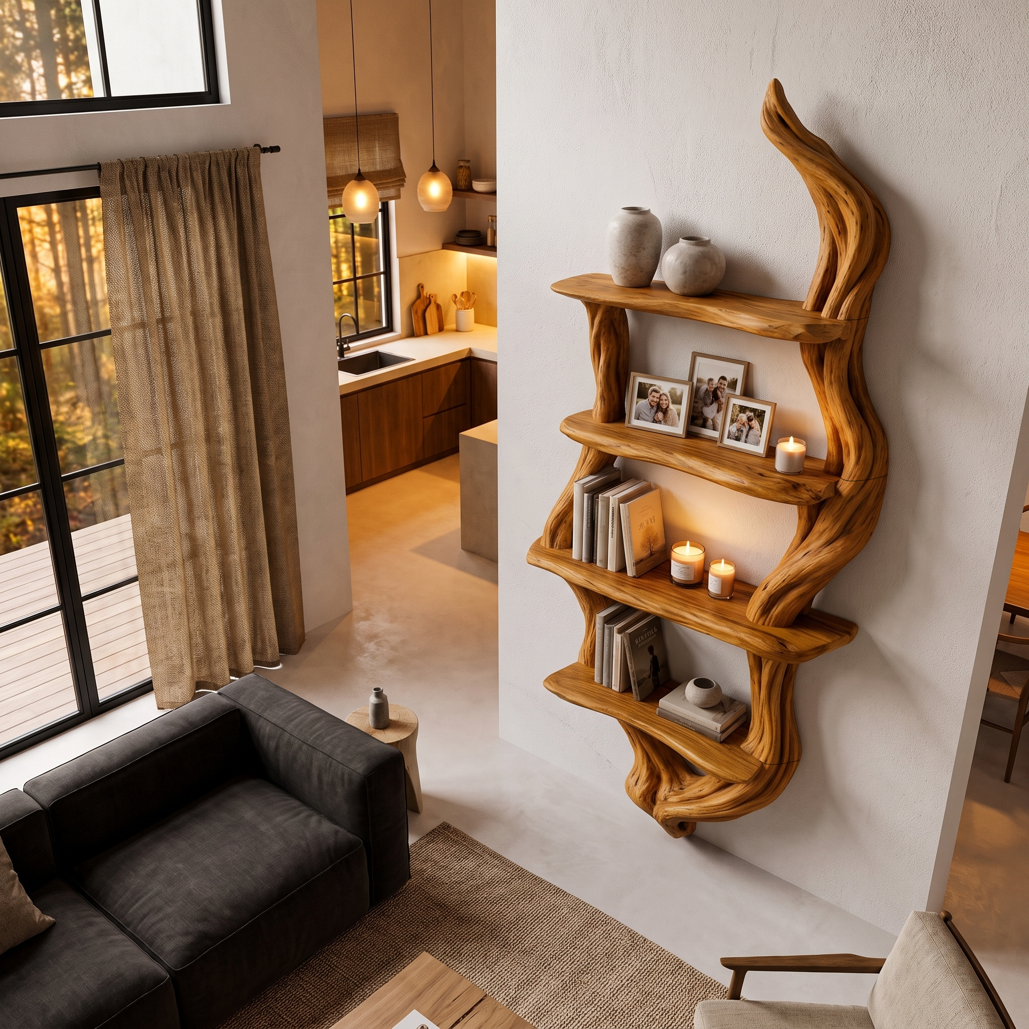 Rustic Wall Bookshelf Handcrafted Tree Branch Design For Living Room SINLHABS066