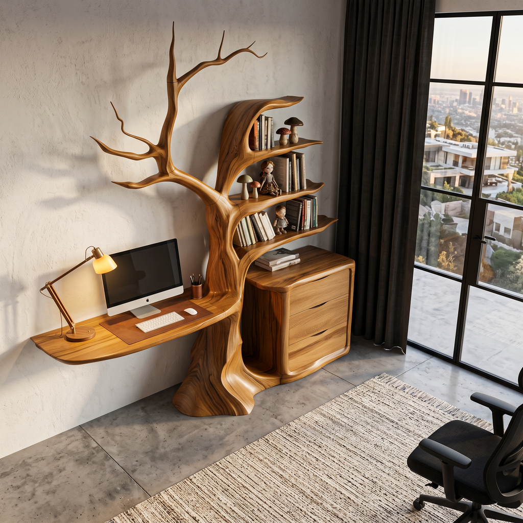 Natural Floating Desk With Sculptural Tree Bookshelf For Home Office SINLHADE172