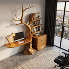 Natural Floating Desk With Sculptural Tree Bookshelf For Home Office SINLHADE172
