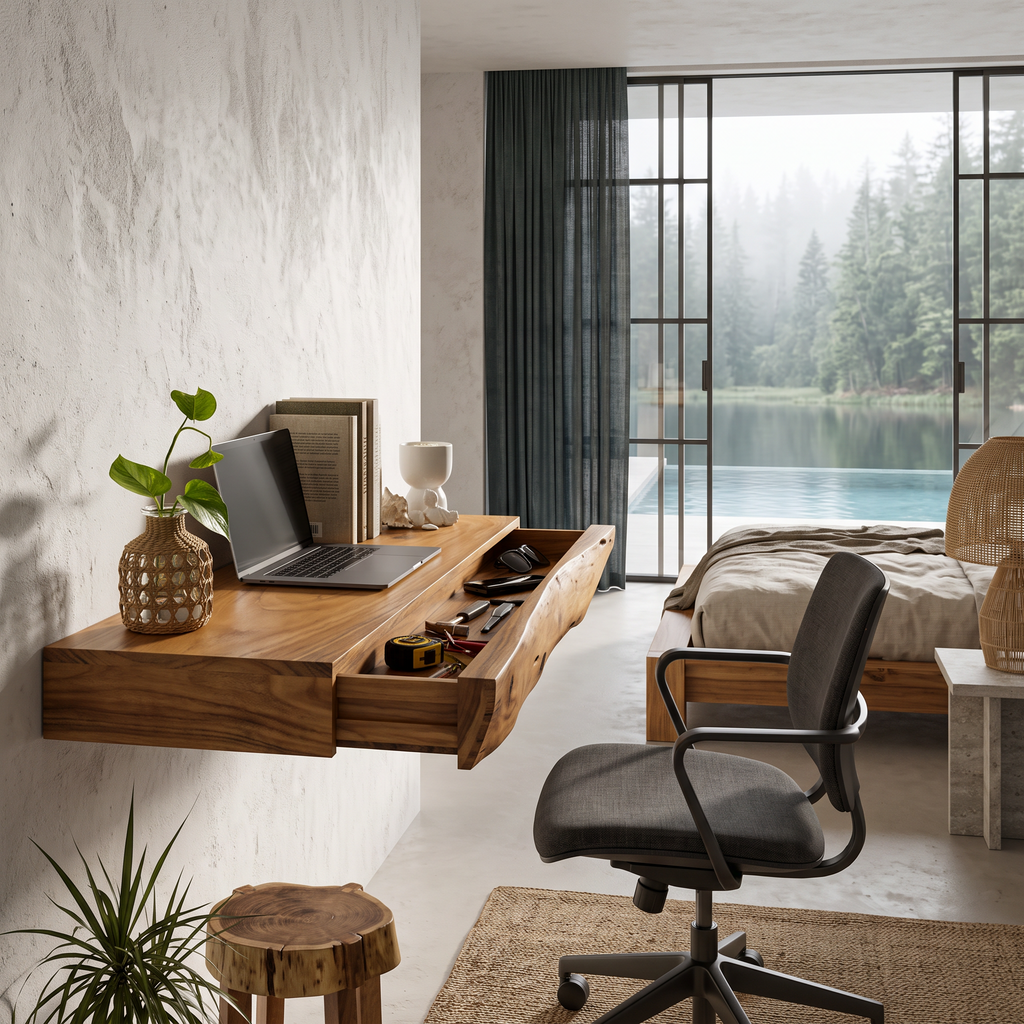 Rustic Floating Desk With Live Edge Design For Home Office And Workspace SINLHADE169
