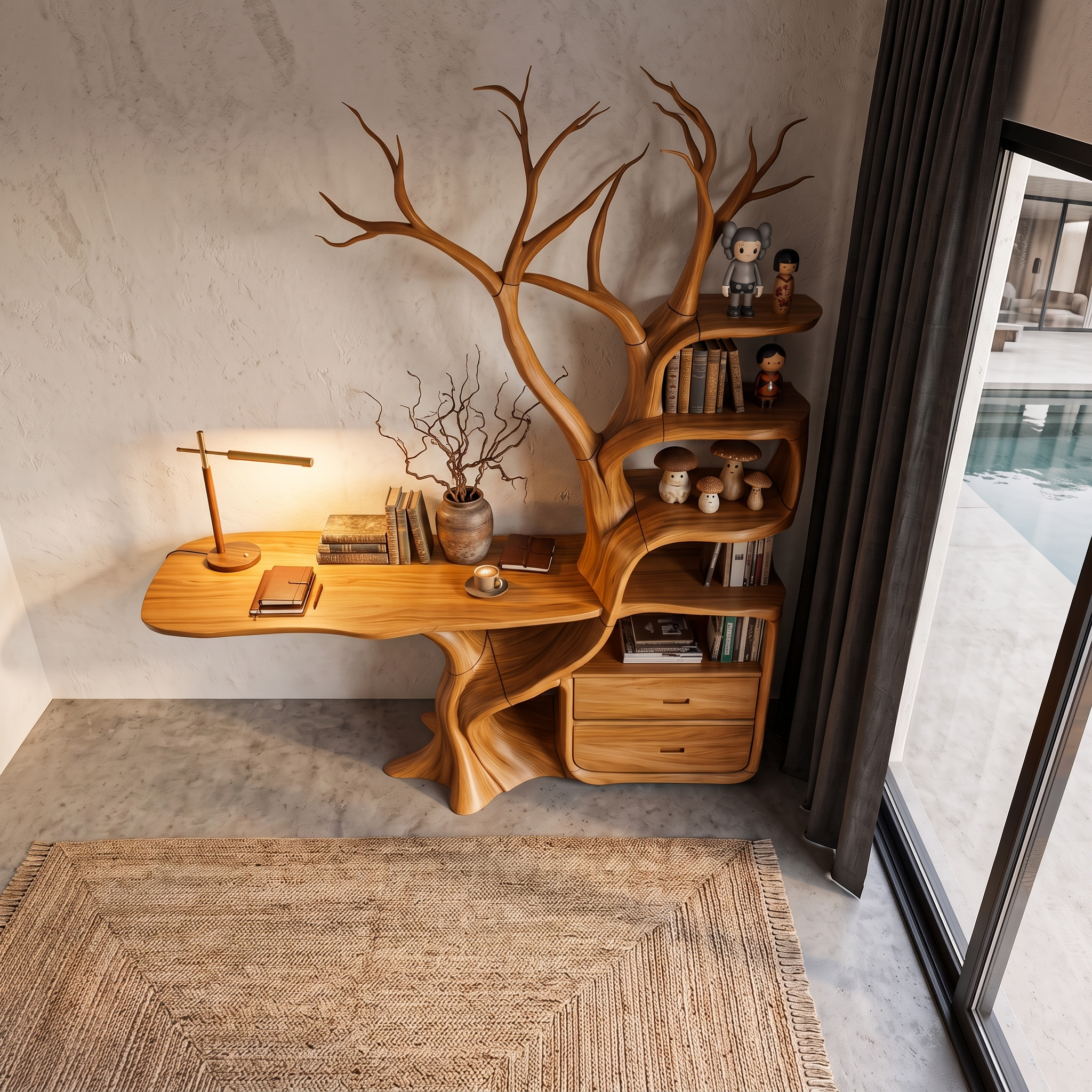 Natural Wall Mounted Tree Bookcase With Built In Drawers For Reading Nook SINLHATB775