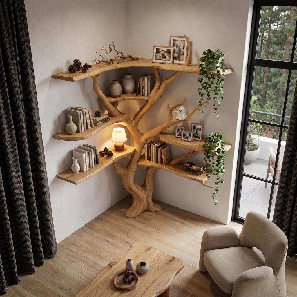 Libreria angolare moderna a forma di albero con ripiani asimmetrici per soggiorno SINLHATB777