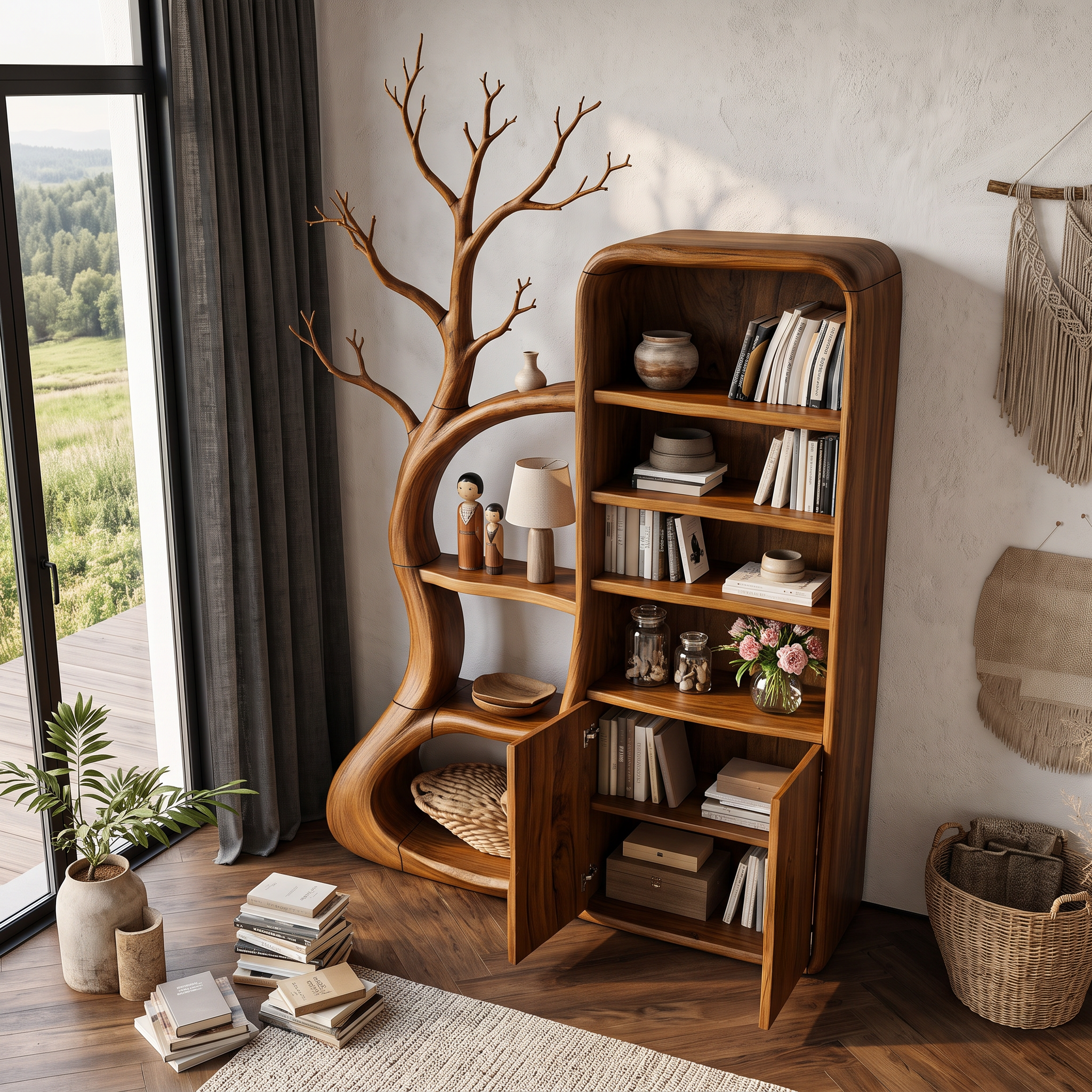 Armadietto Rustico ad Albero con Ripiani Ispirati ai Rami per Sala Lettura SINLHASD541